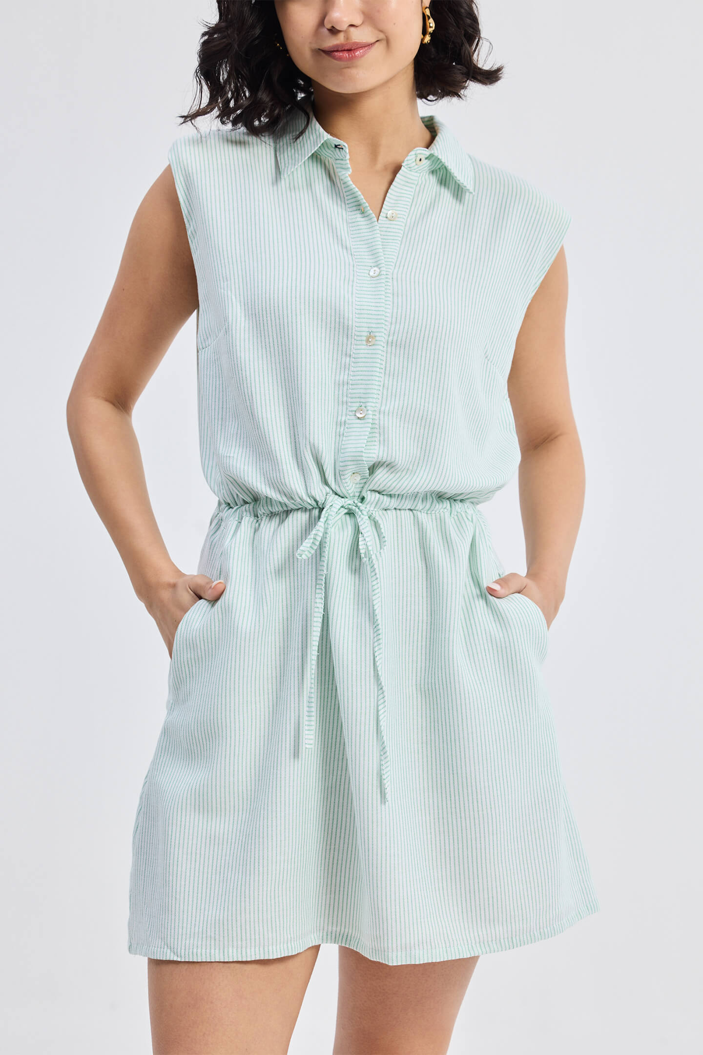 Drawstring Shirt Dress in Stripes Closeup