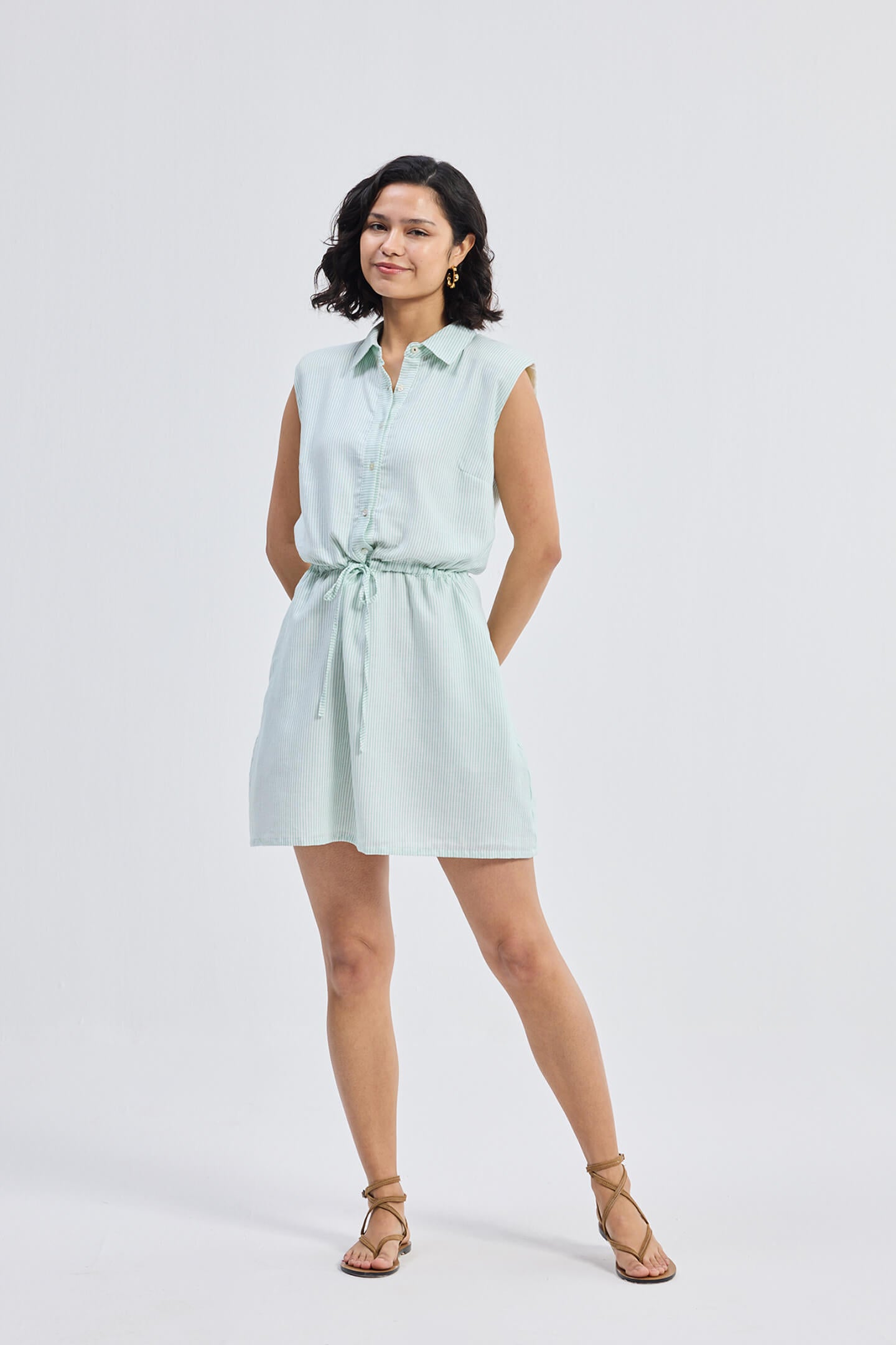 Drawstring Shirt Dress in Stripes Longshot