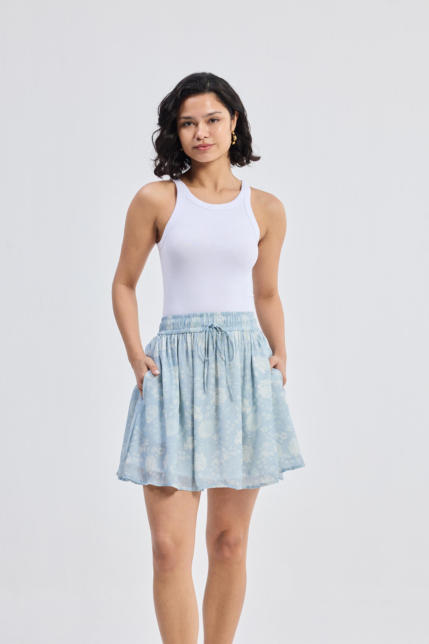 Drawstring Short Skirt in Blue Florals Longshot