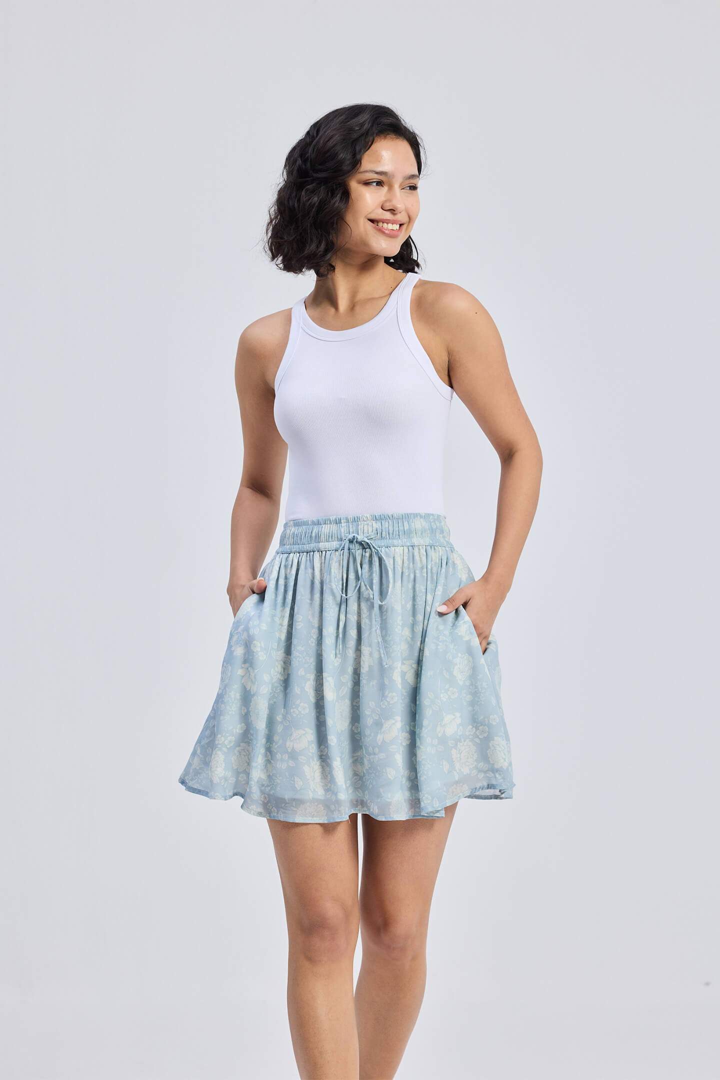 Drawstring Short Skirt in Blue Florals Longshot