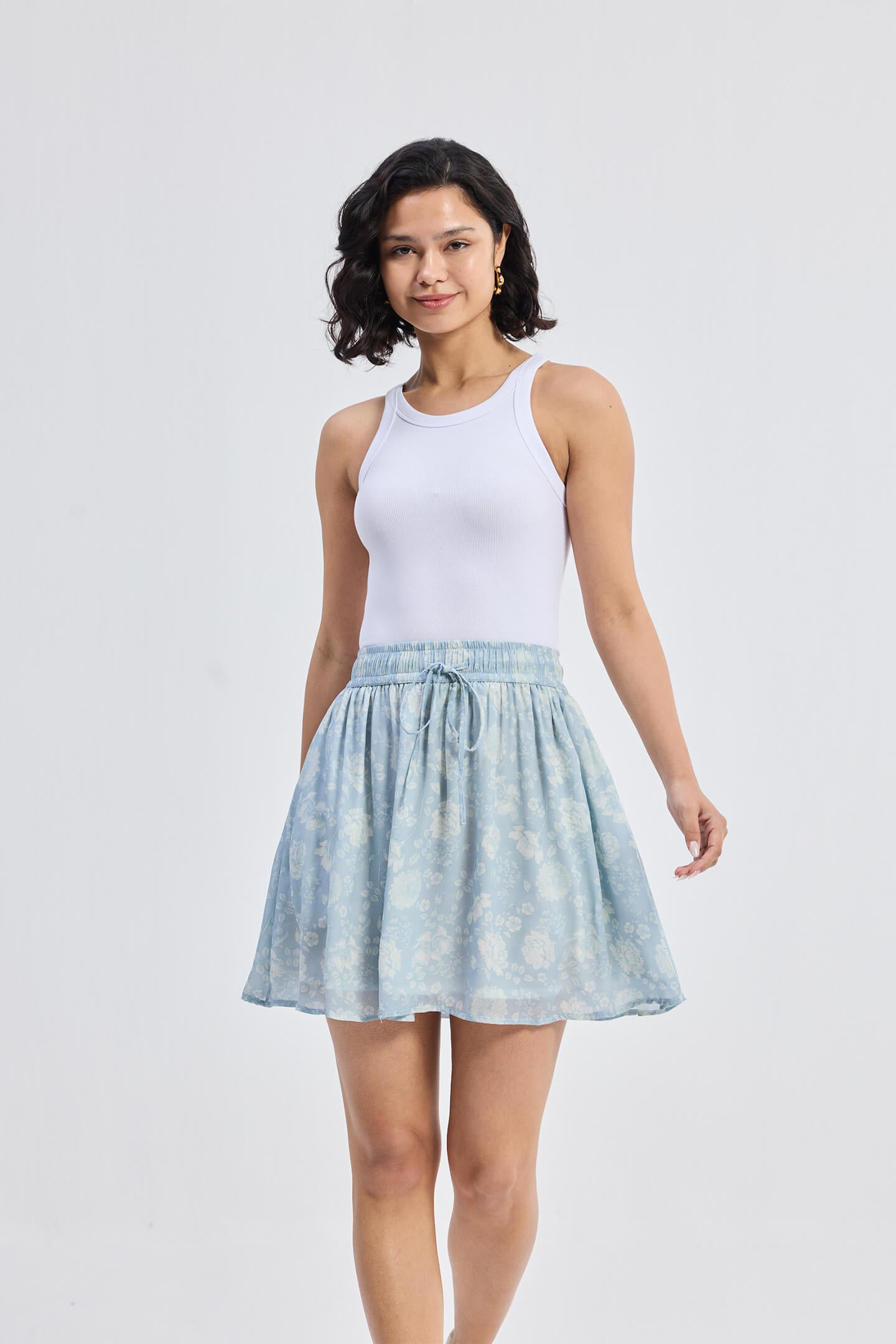Drawstring Short Skirt in Blue Florals Longshot