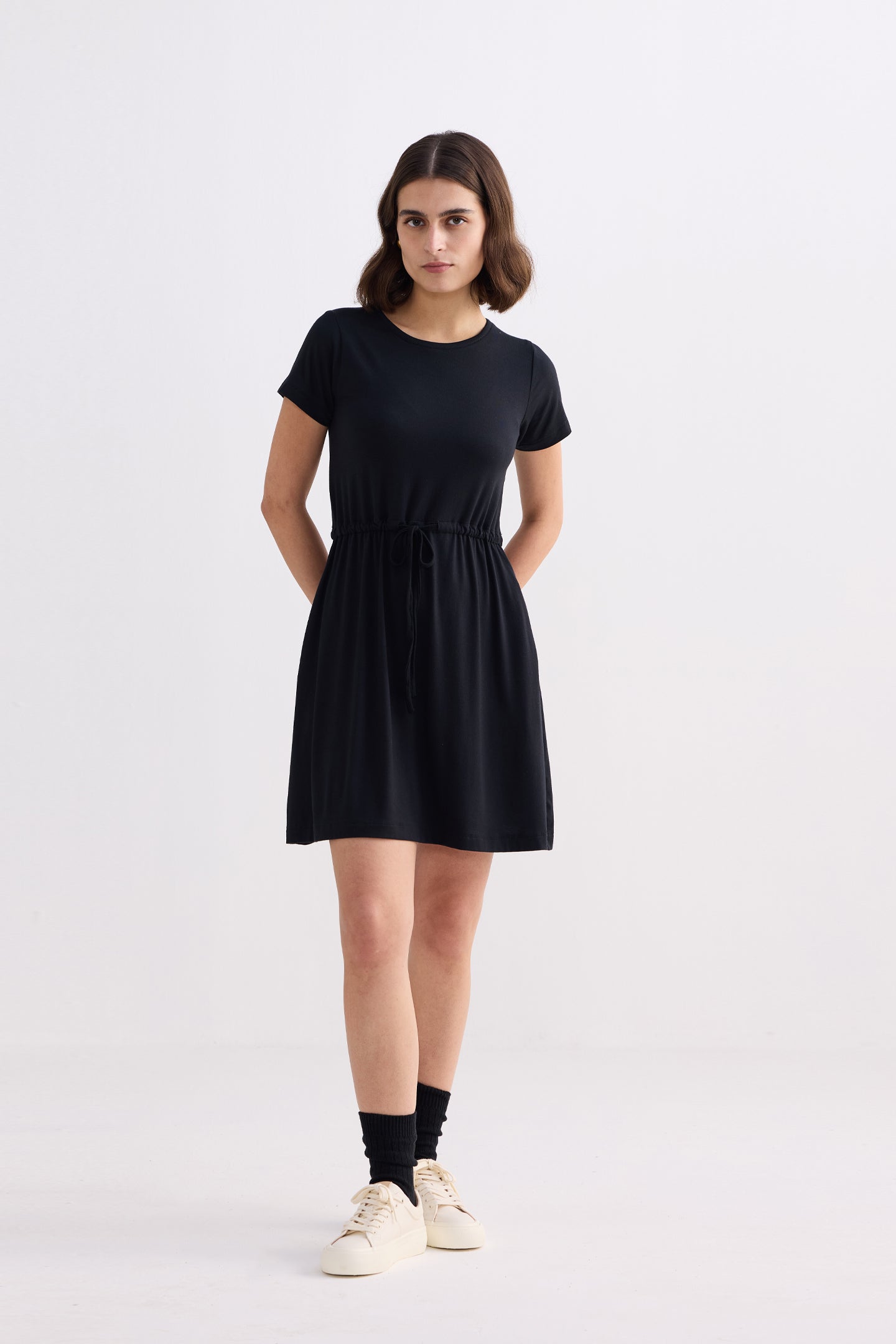 Drawstring Short T-shirt Dress in Black Longshot