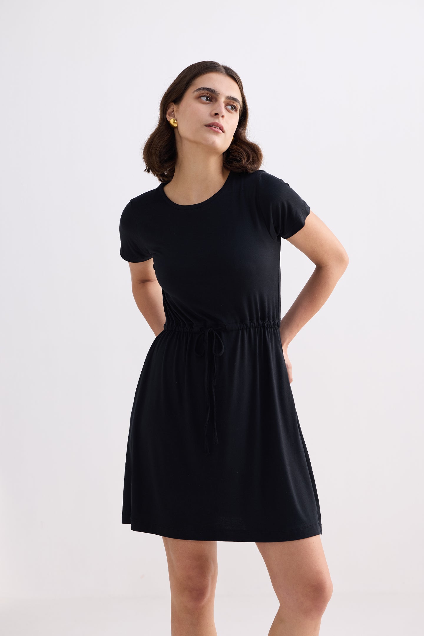 Drawstring Short T-shirt Dress in Black Longshot