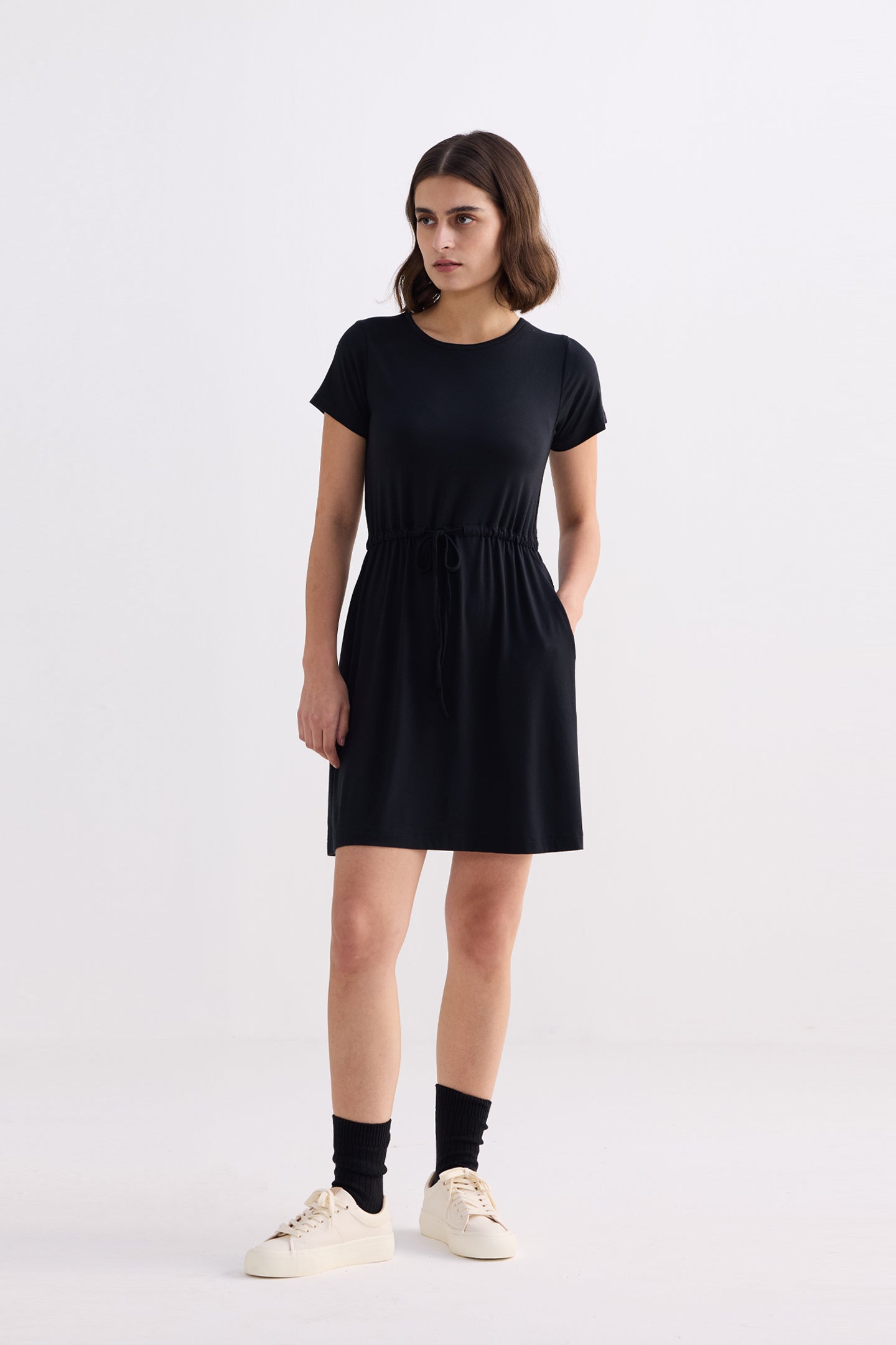 Drawstring Short T-shirt Dress in Black Longshot