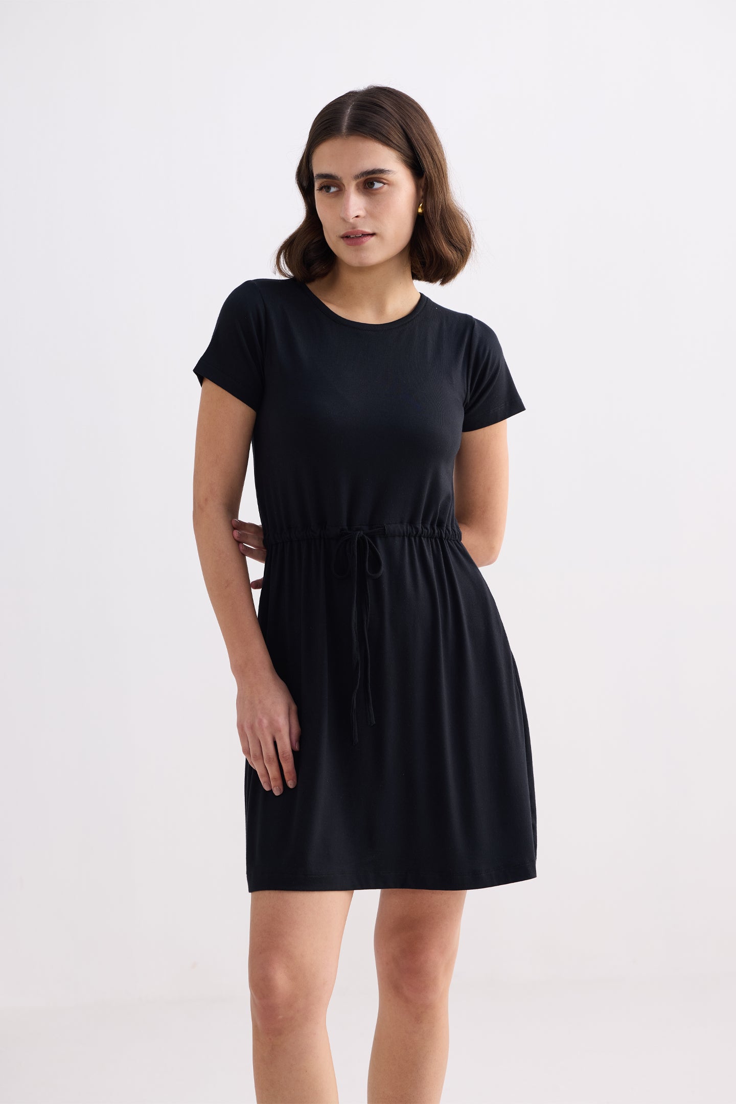 Drawstring Short T-shirt Dress in Black Longshot