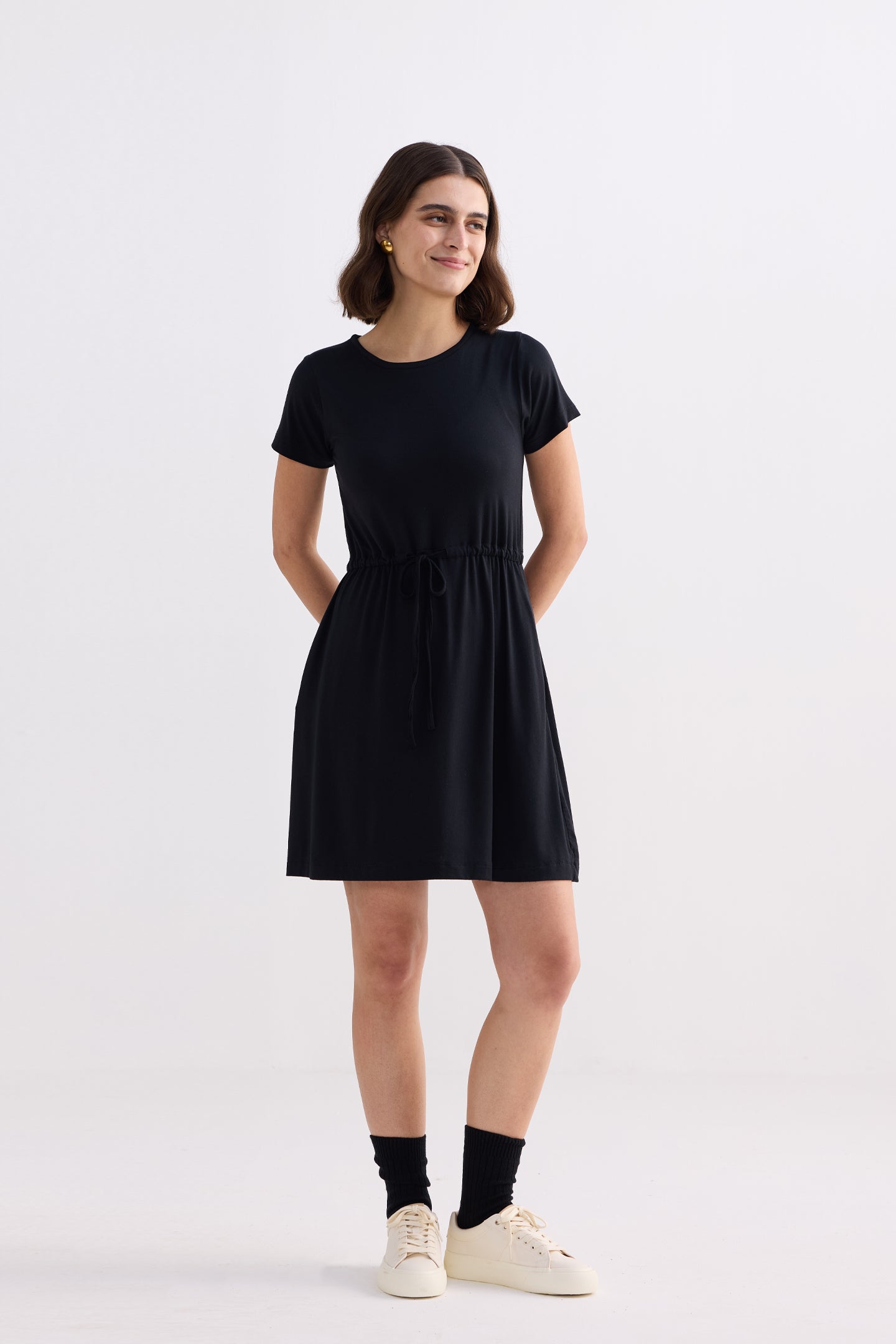 Drawstring Short T-shirt Dress in Black Longshot
