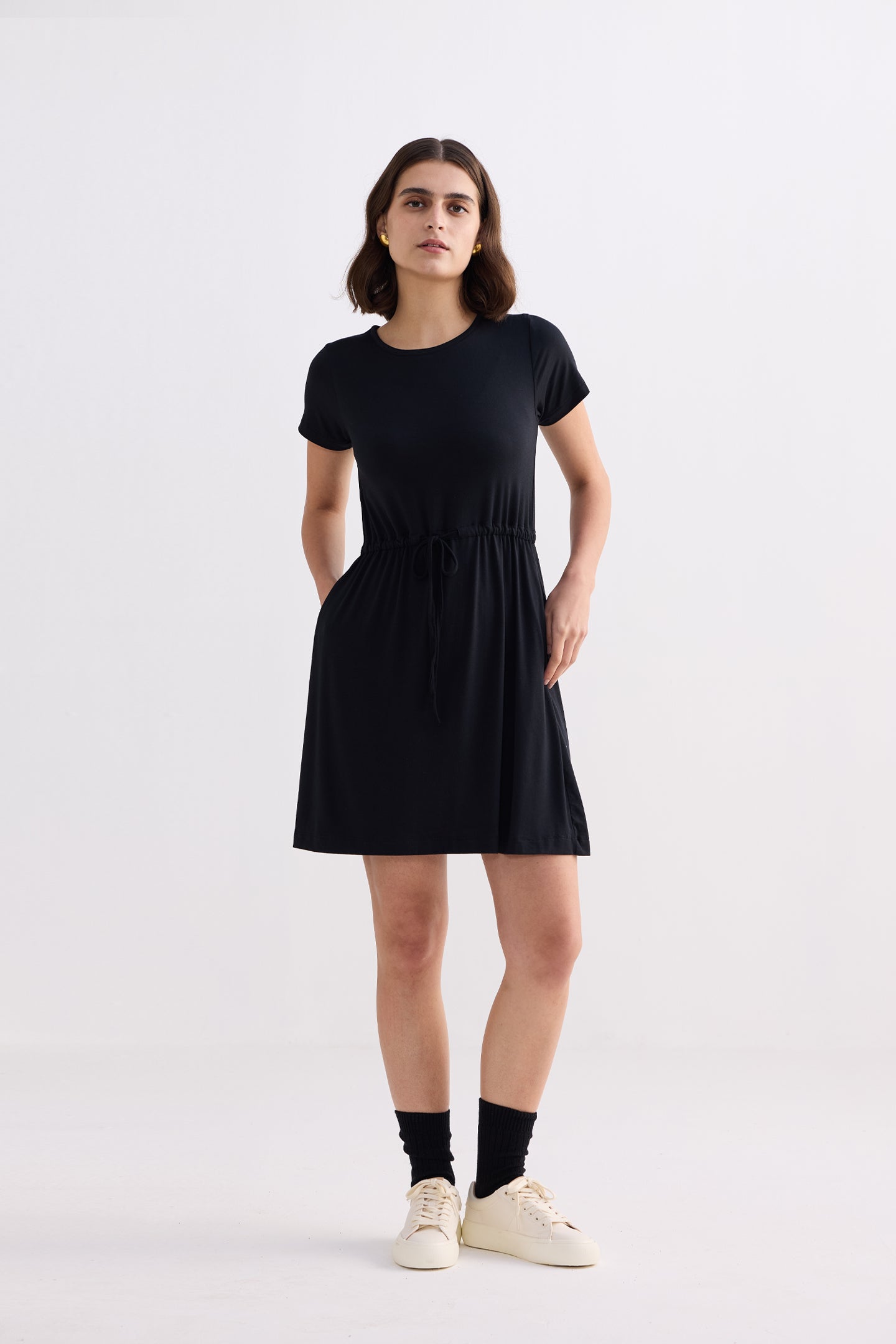 Drawstring Short T-shirt Dress in Black Longshot