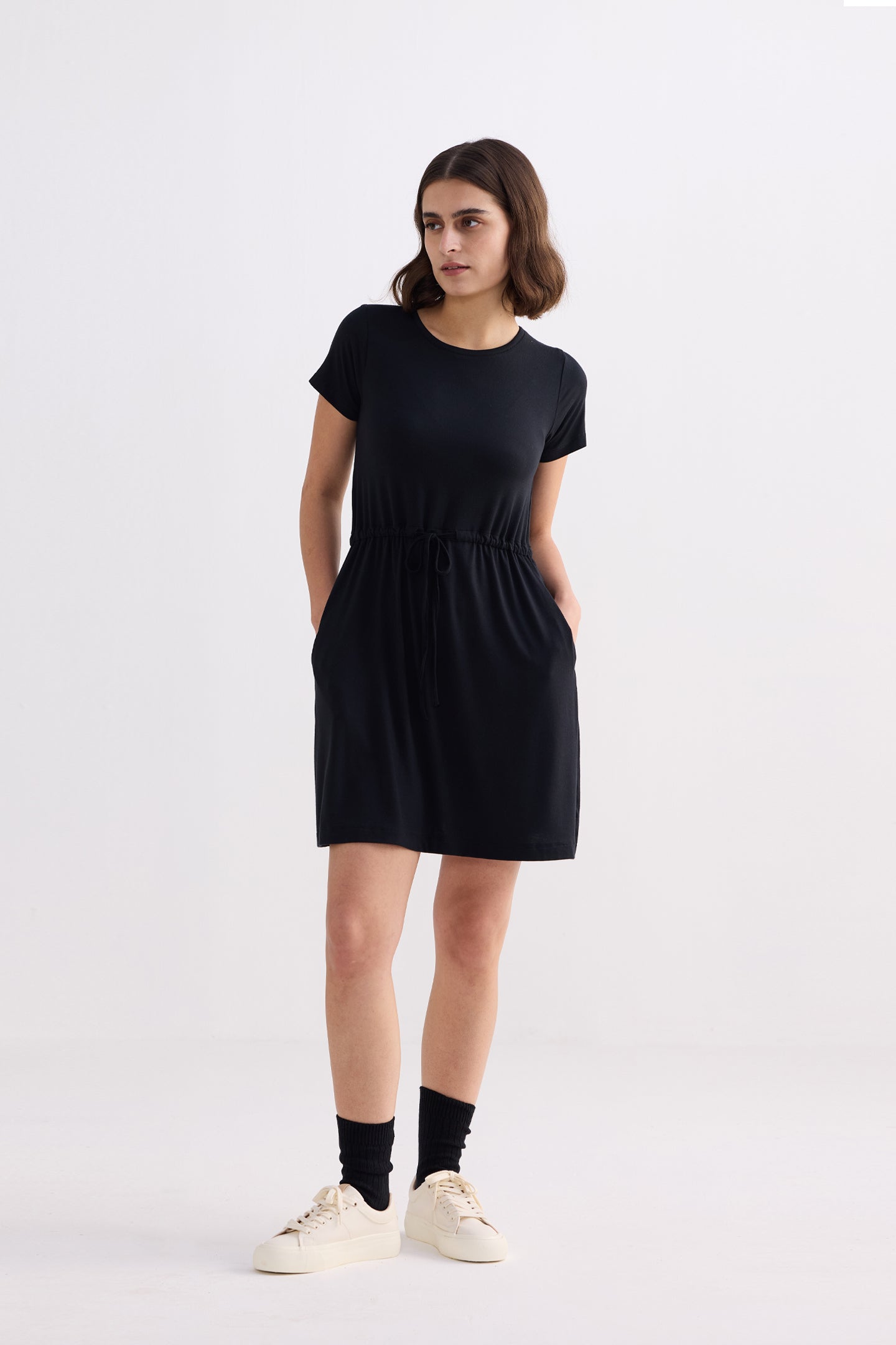 Drawstring Short T-shirt Dress in Black Longshot