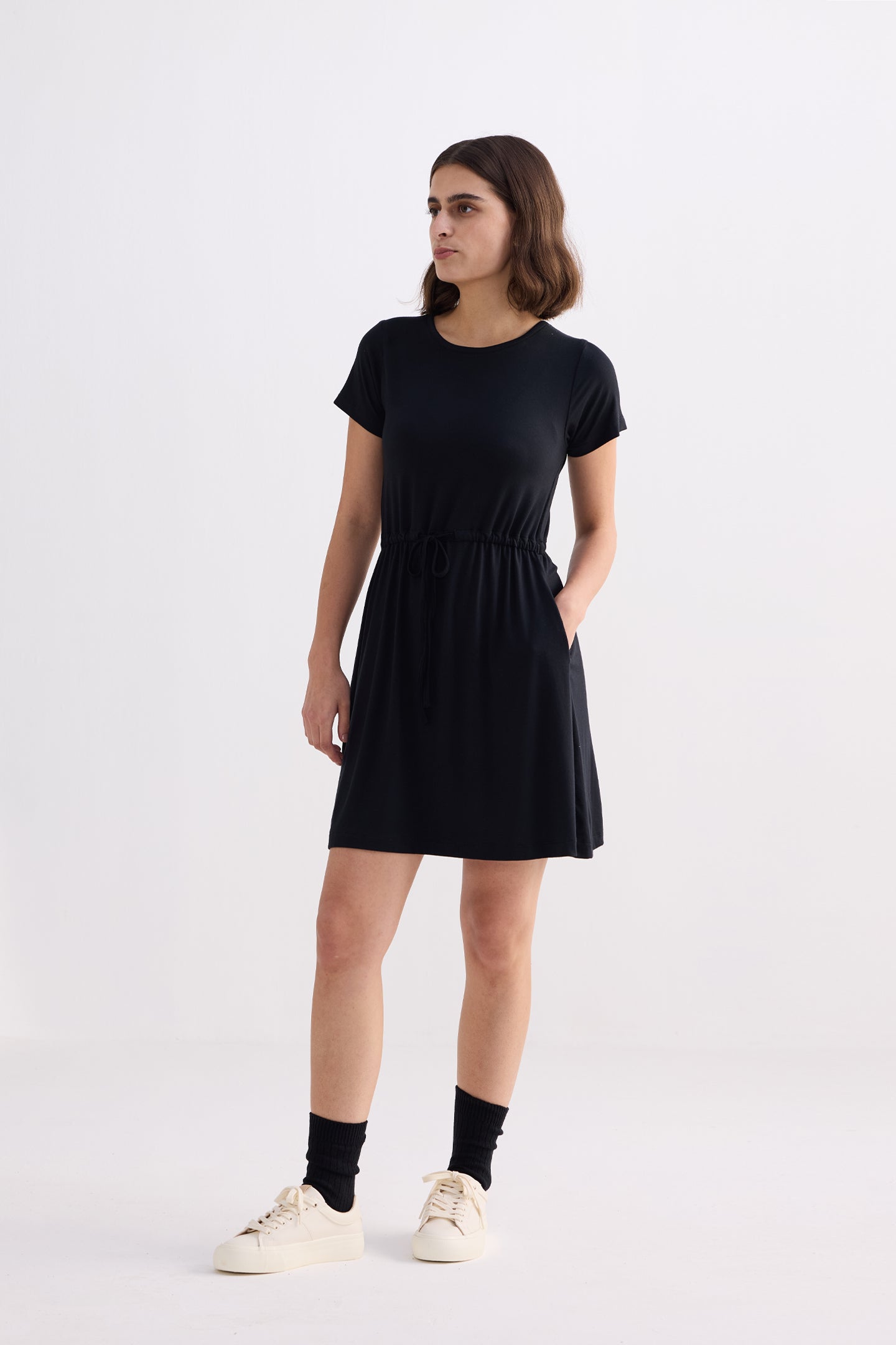 Drawstring Short T-shirt Dress in Black Longshot