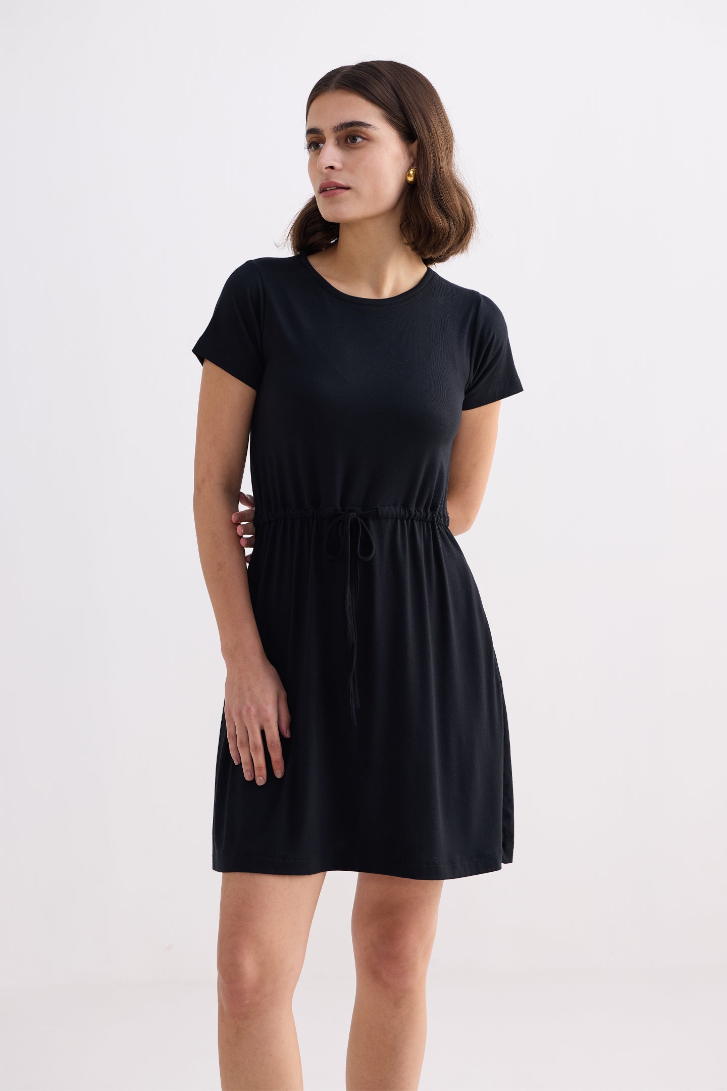 Drawstring Short T-shirt Dress in Black Longshot