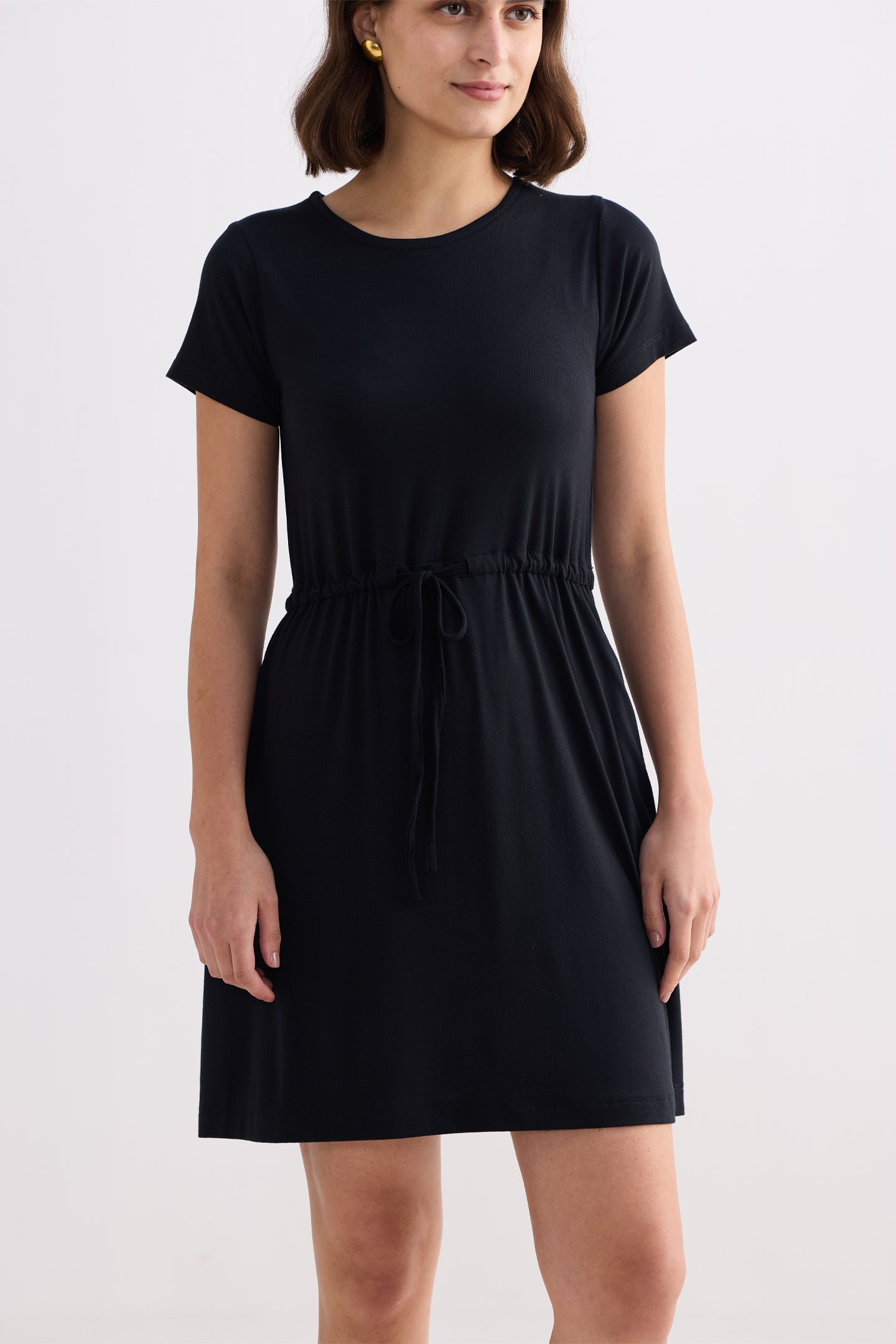 Drawstring Short T-shirt Dress in Black Closeup