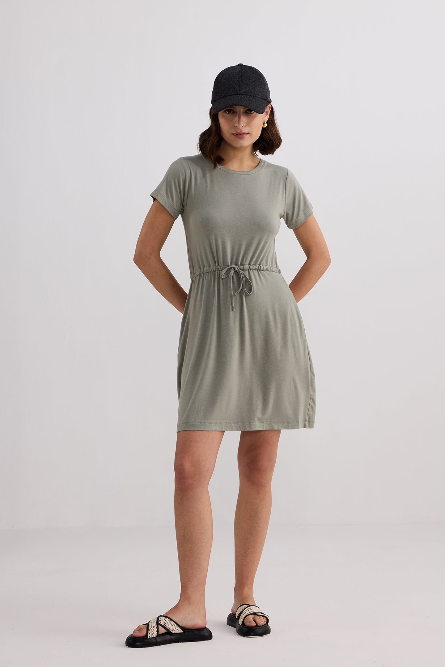 Drawstring Short T-shirt Dress in Light Olive Longshot