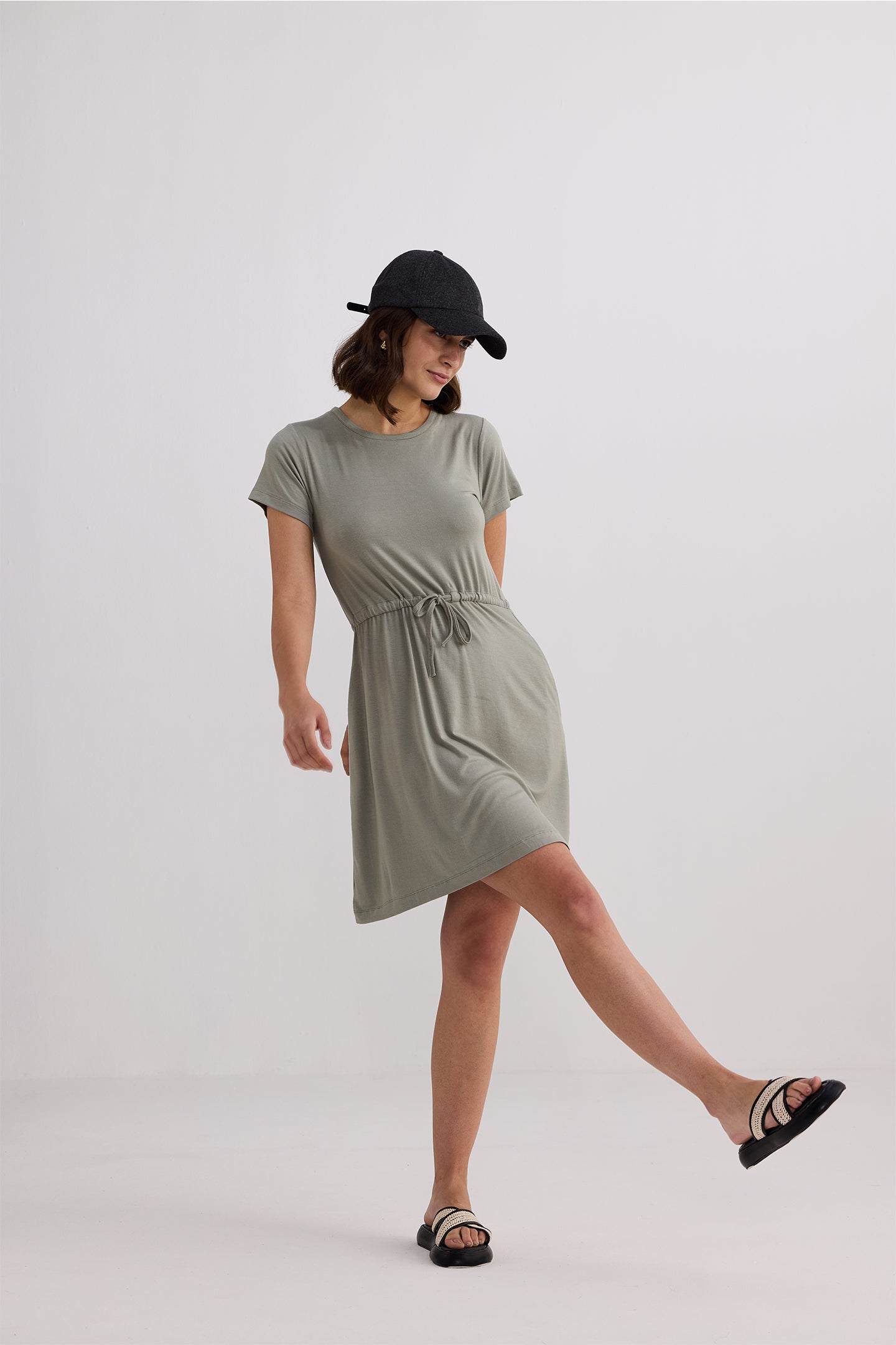 Drawstring Short T-shirt Dress in Light Olive Longshot