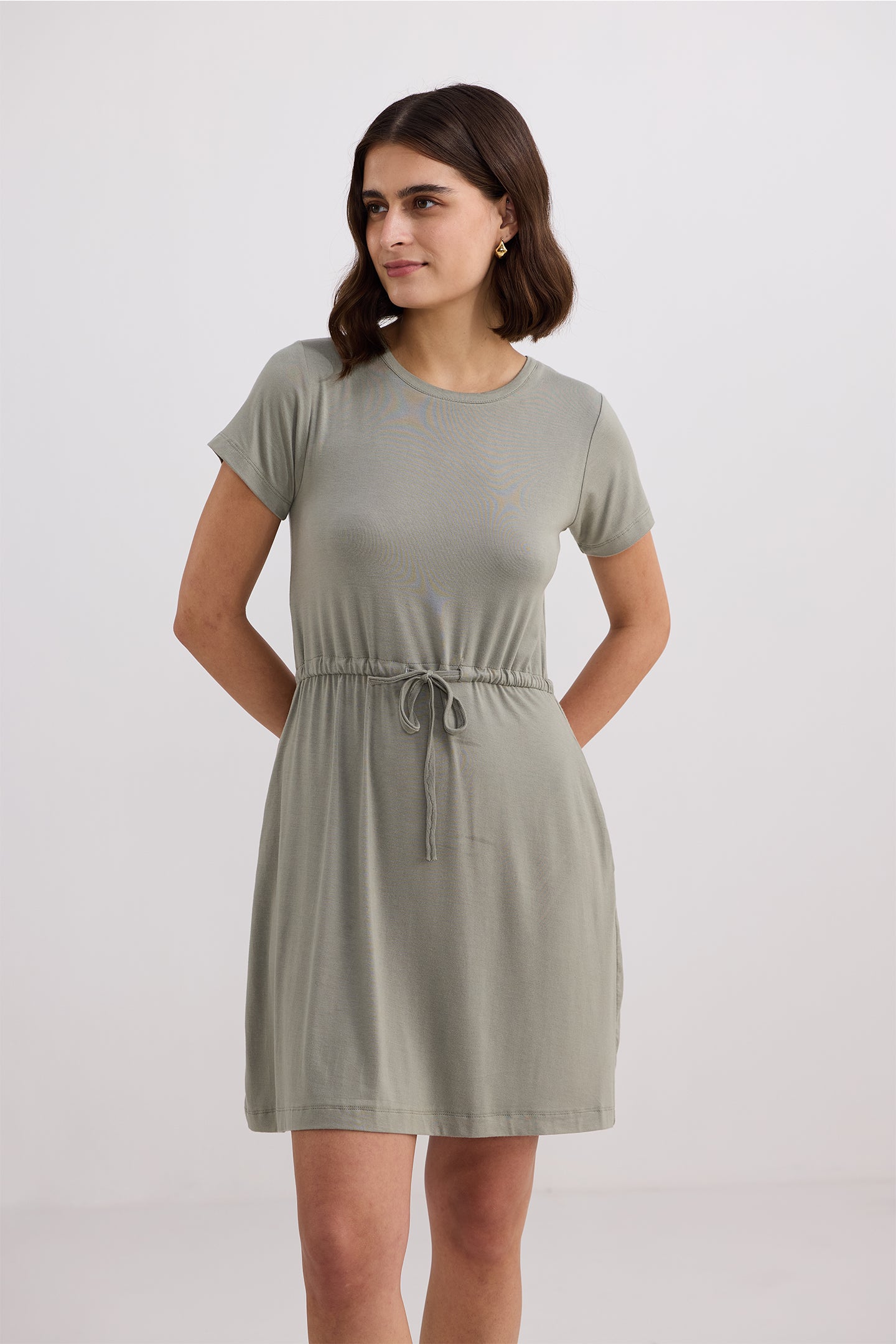Drawstring Short T-shirt Dress in Light Olive Longshot