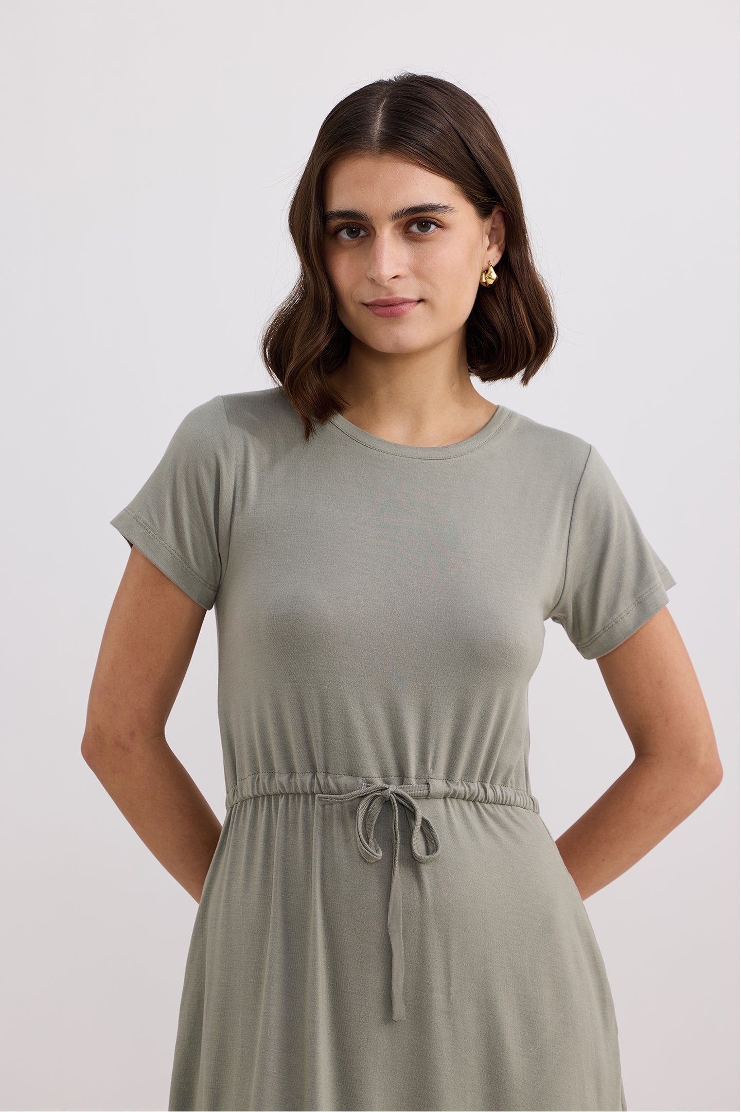 Drawstring Short T-shirt Dress in Light Olive Closeup