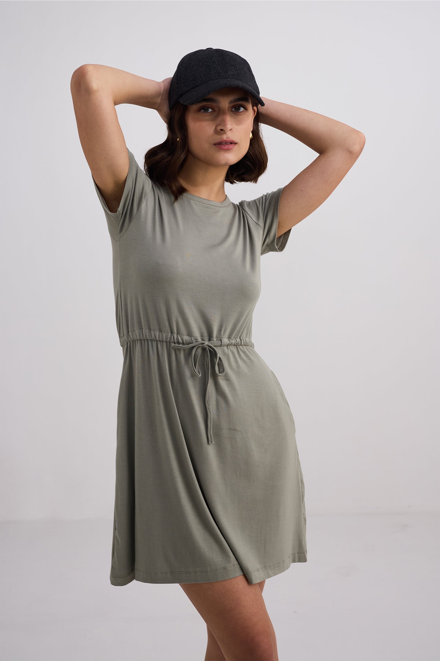 Drawstring Short T-shirt Dress in Light Olive Longshot