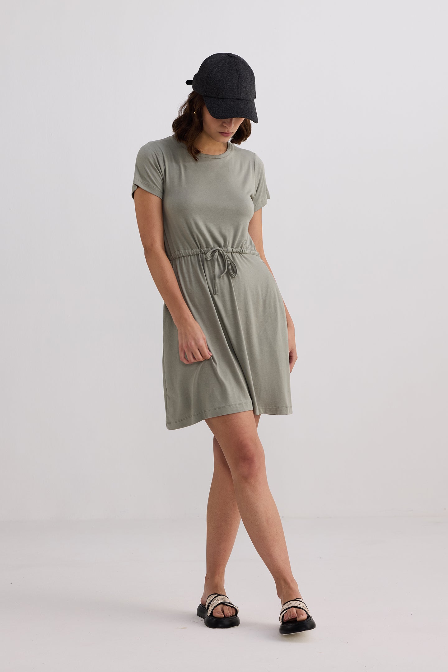 Drawstring Short T-shirt Dress in Light Olive Longshot