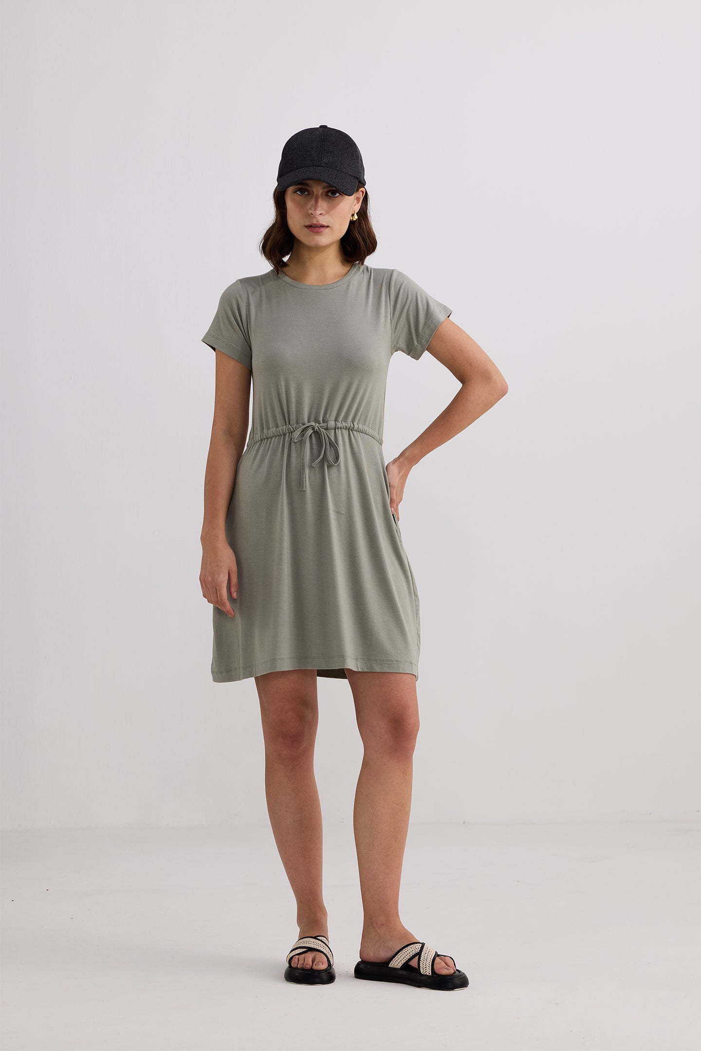 Drawstring Short T-shirt Dress in Light Olive Longshot