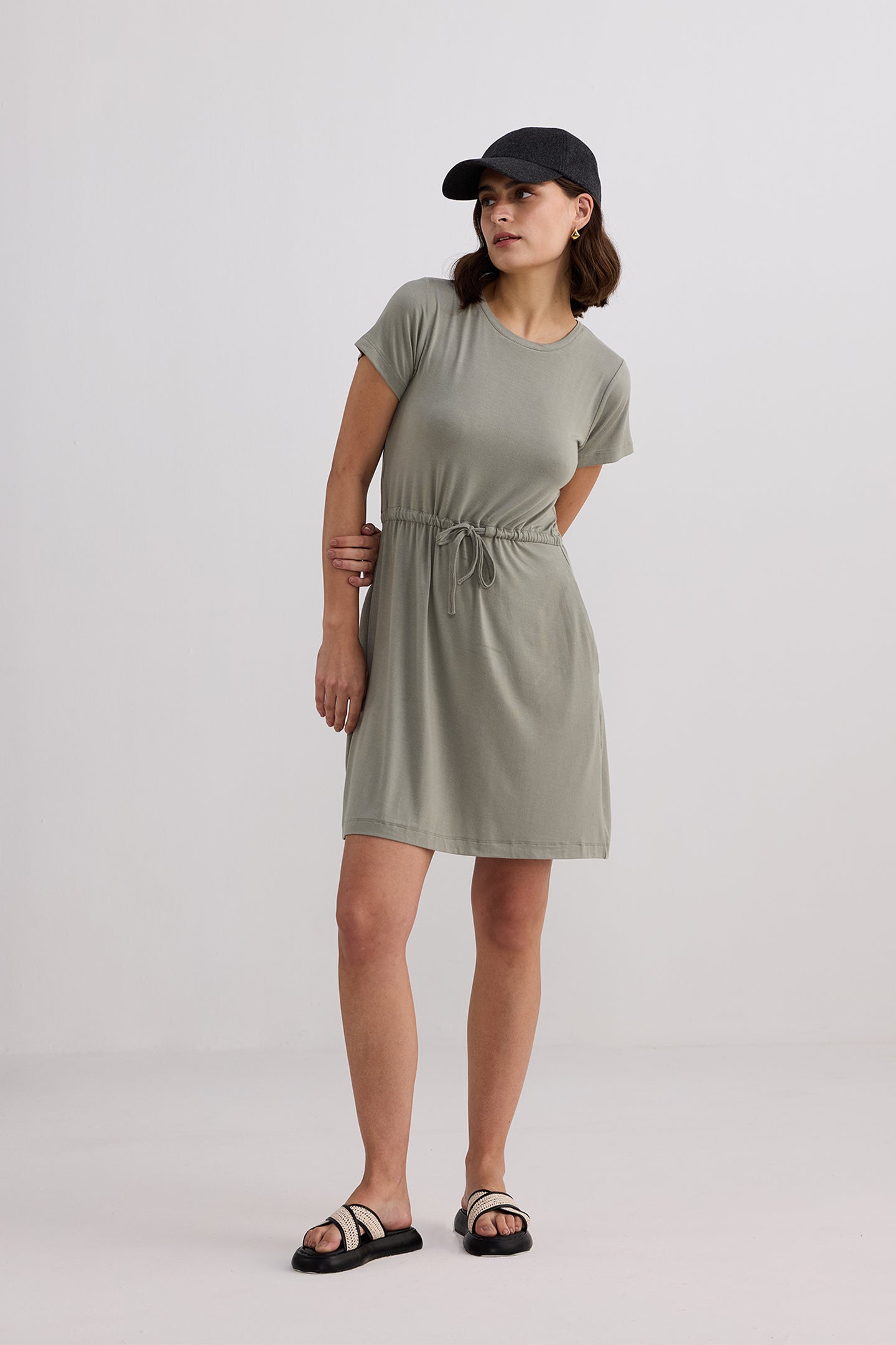 Drawstring Short T-shirt Dress in Light Olive Longshot