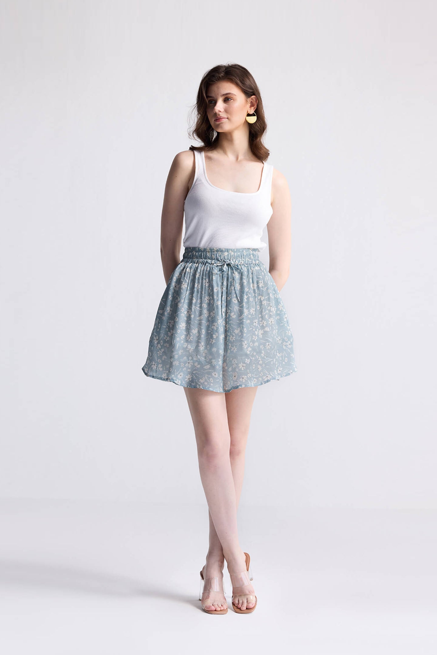 Drawstring Short Skirt in Light Blue Florals  Long Shot