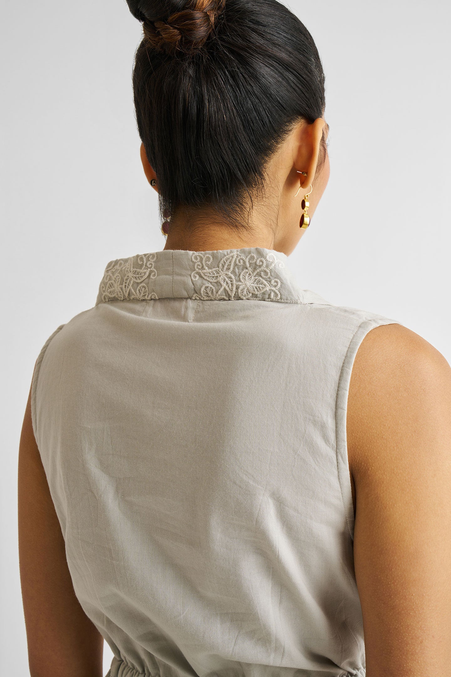 Embroidered Drawstring Gathered Dress in Grey Closeup