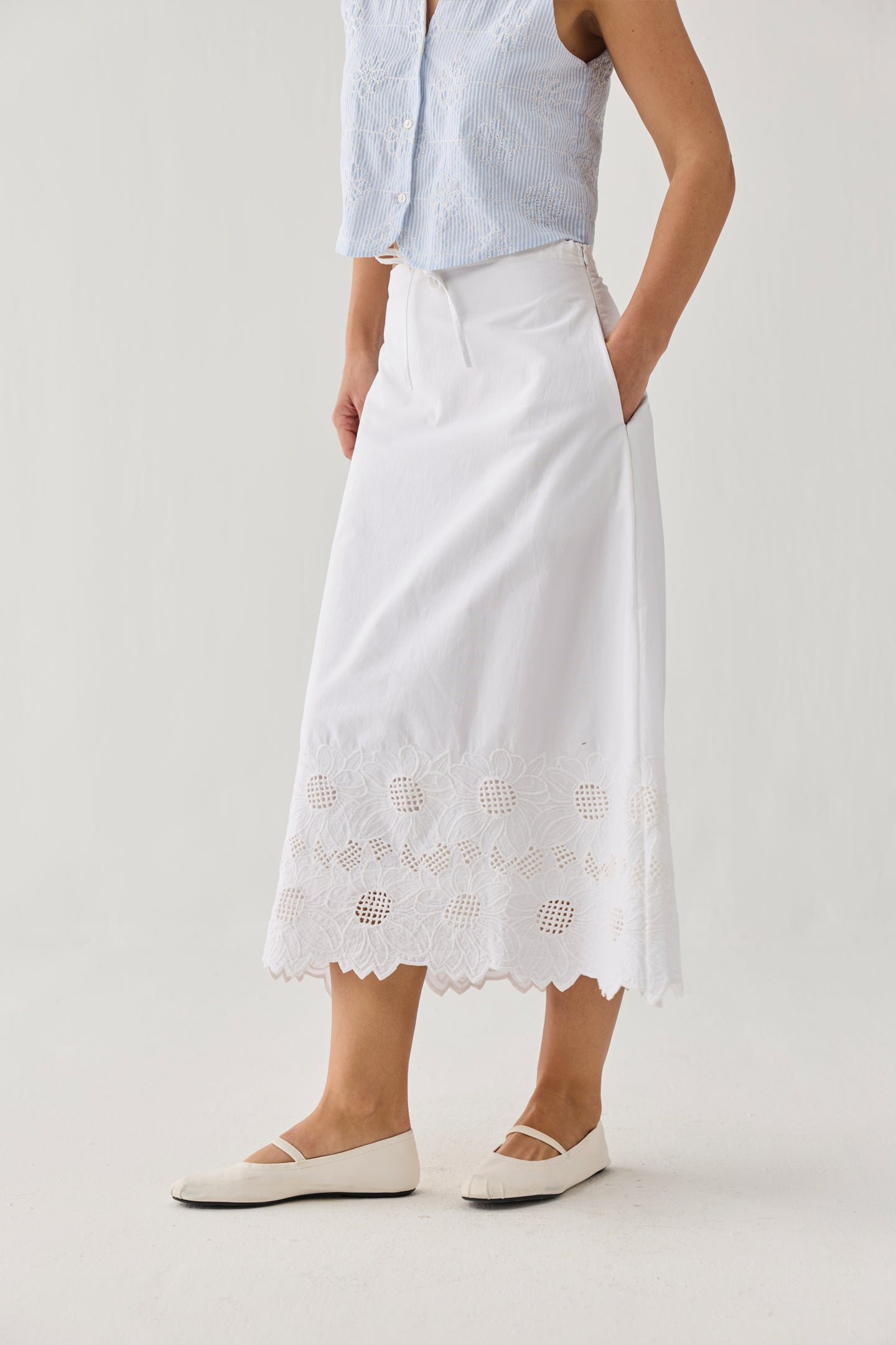 Person wearing a white skirt with lace details on a plain background