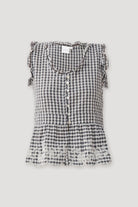 Embroidered peplum top in grey check featuring a sleeveless design, ruffled trim at the neckline and armholes, front button closure, and a flared peplum hem with delicate embroidered detailing.