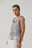 lightweight Embroidered Peplum Top in Grey Check for summer wear