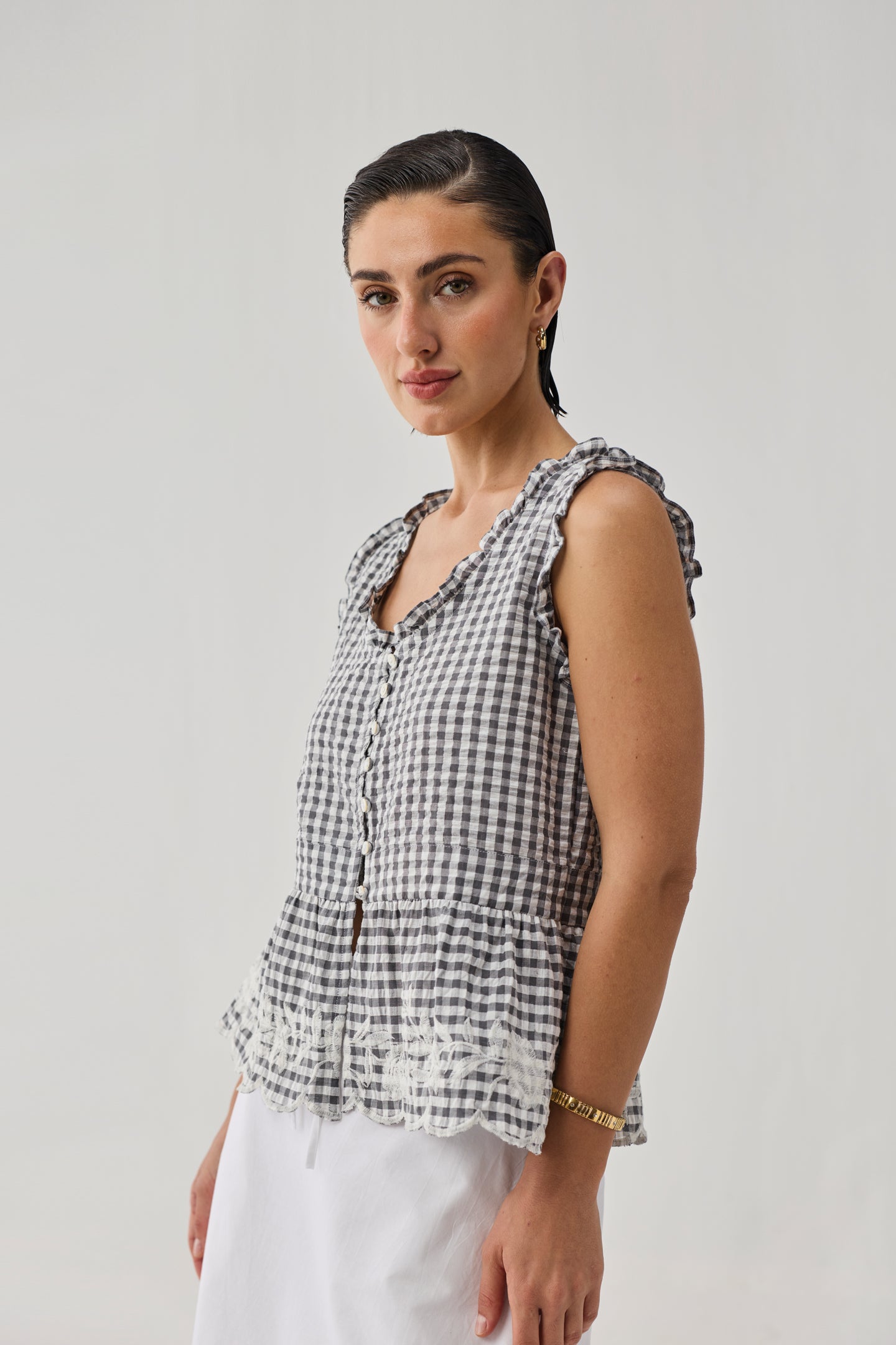 lightweight Embroidered Peplum Top in Grey Check for summer wear