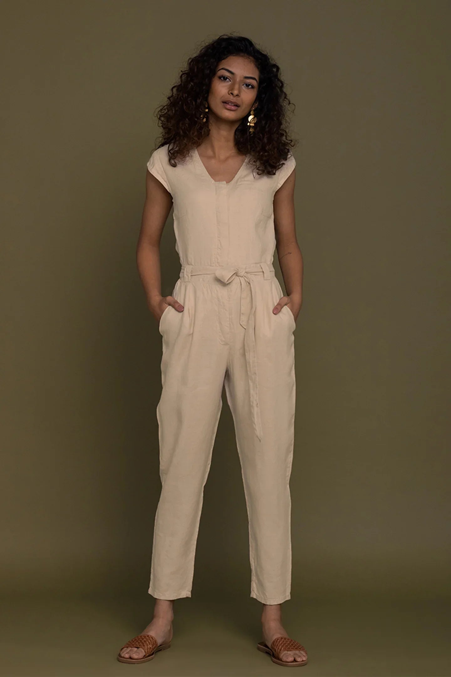 Reistor Evening Chai Jumpsuit in Neutral Beige for women with cap sleeves, tie waist, relaxed fit and pockets