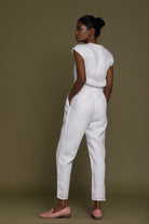 Reistor Evening Chai Jumpsuit in White, sustainable women's one-piece with a minimalist look and modern comfort.
