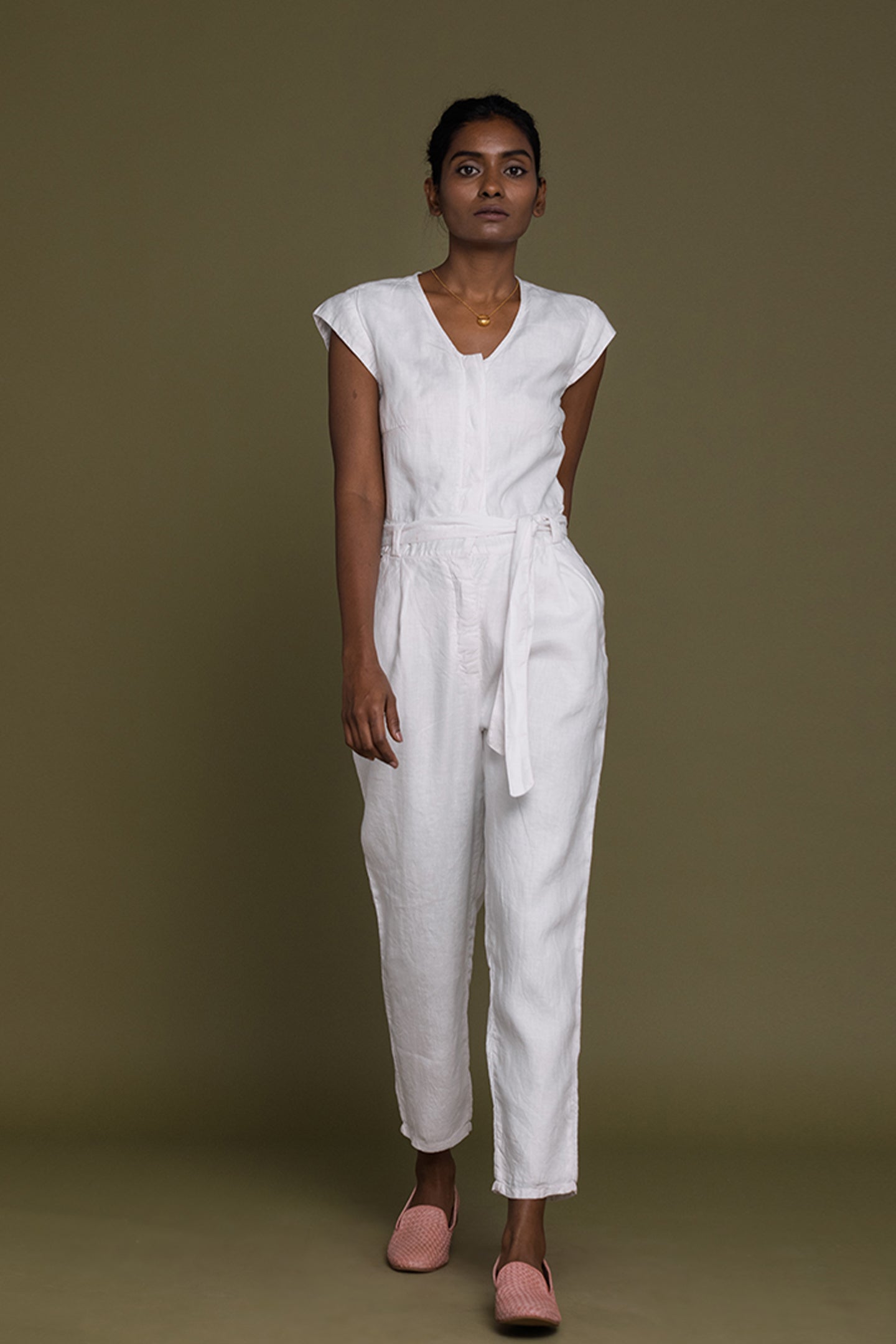 Reistor Evening Chai Jumpsuit in White, minimalist women's jumpsuit crafted for everyday comfort and timeless wear.