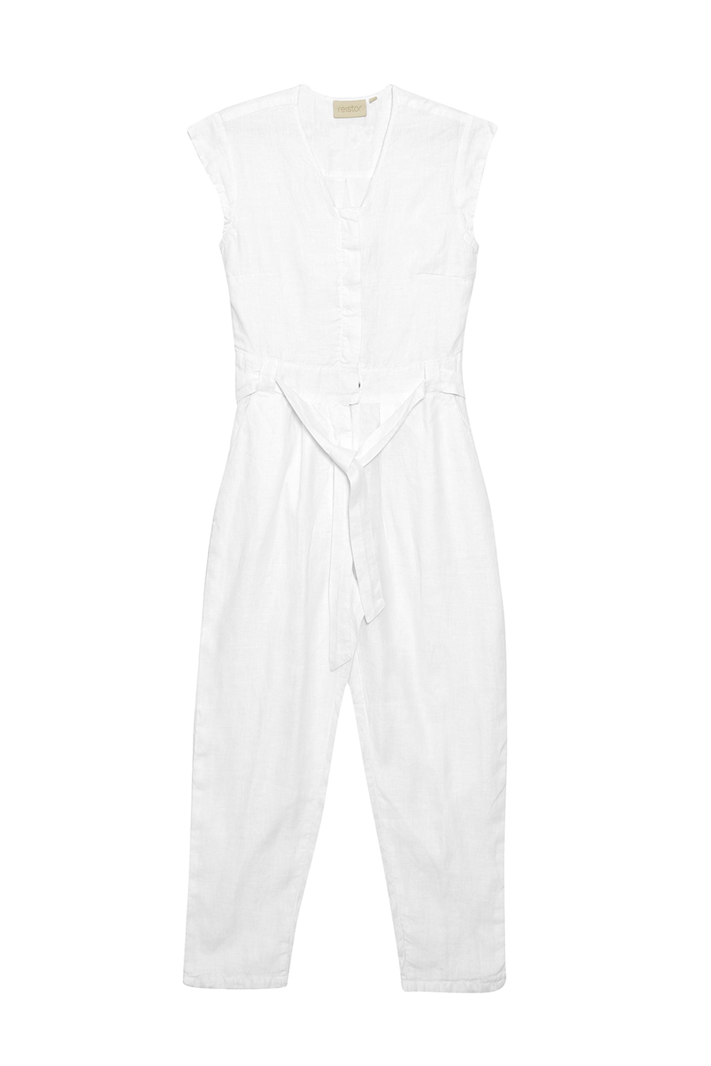 Reistor Evening Chai Jumpsuit in White crafted from breathable linen with a V-neck, tie waist and relaxed silhouette