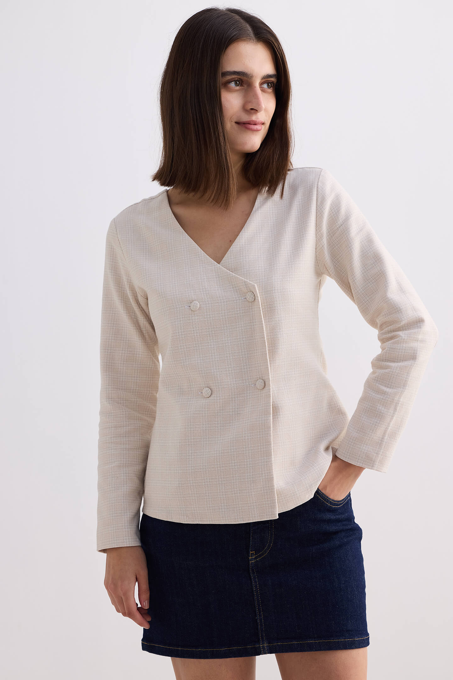 Fitted Cotton Tweed Jacket in Cream Medium Shot