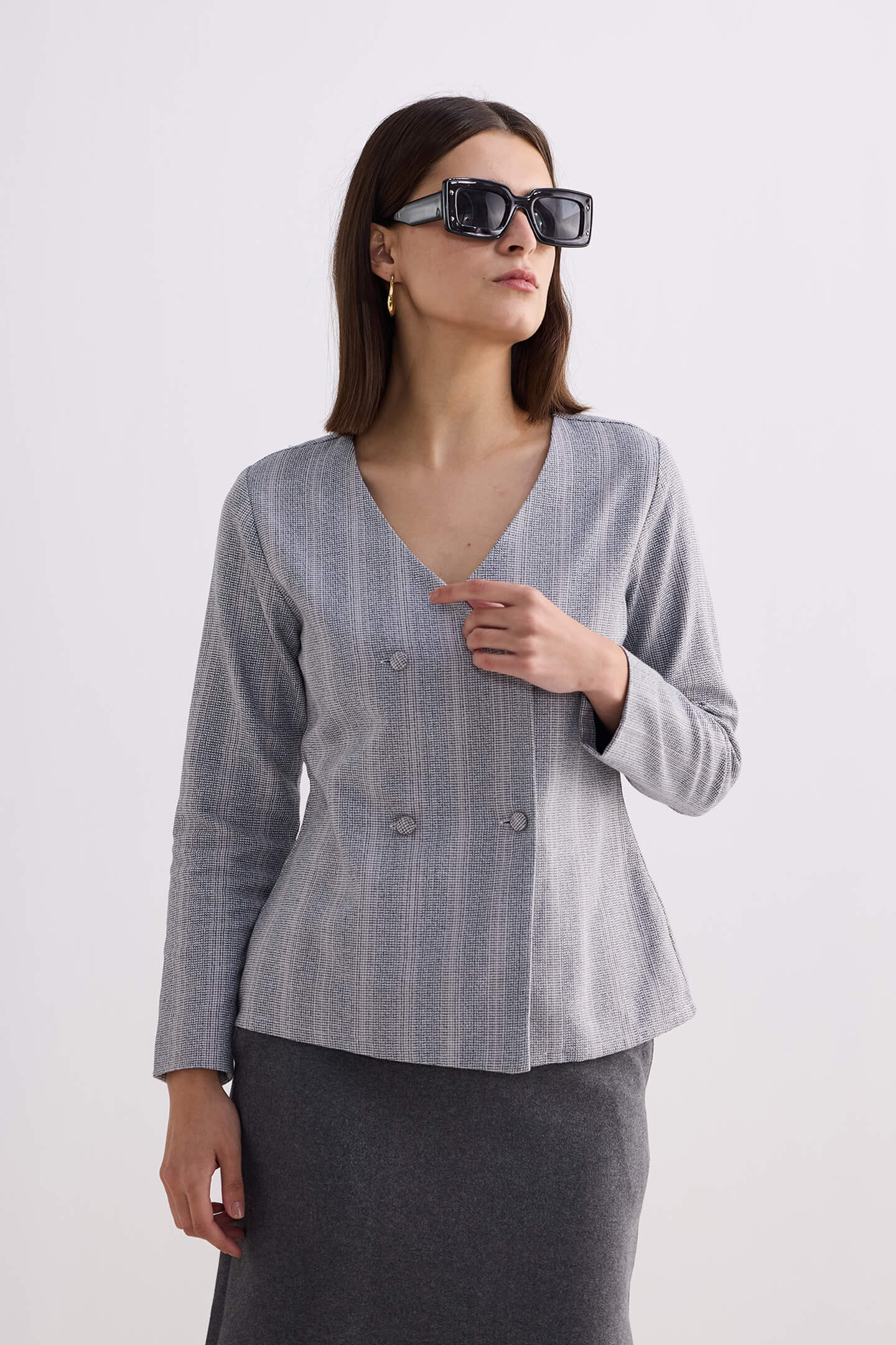 Fitted Cotton Tweed Jacket in Grey Medium Shot