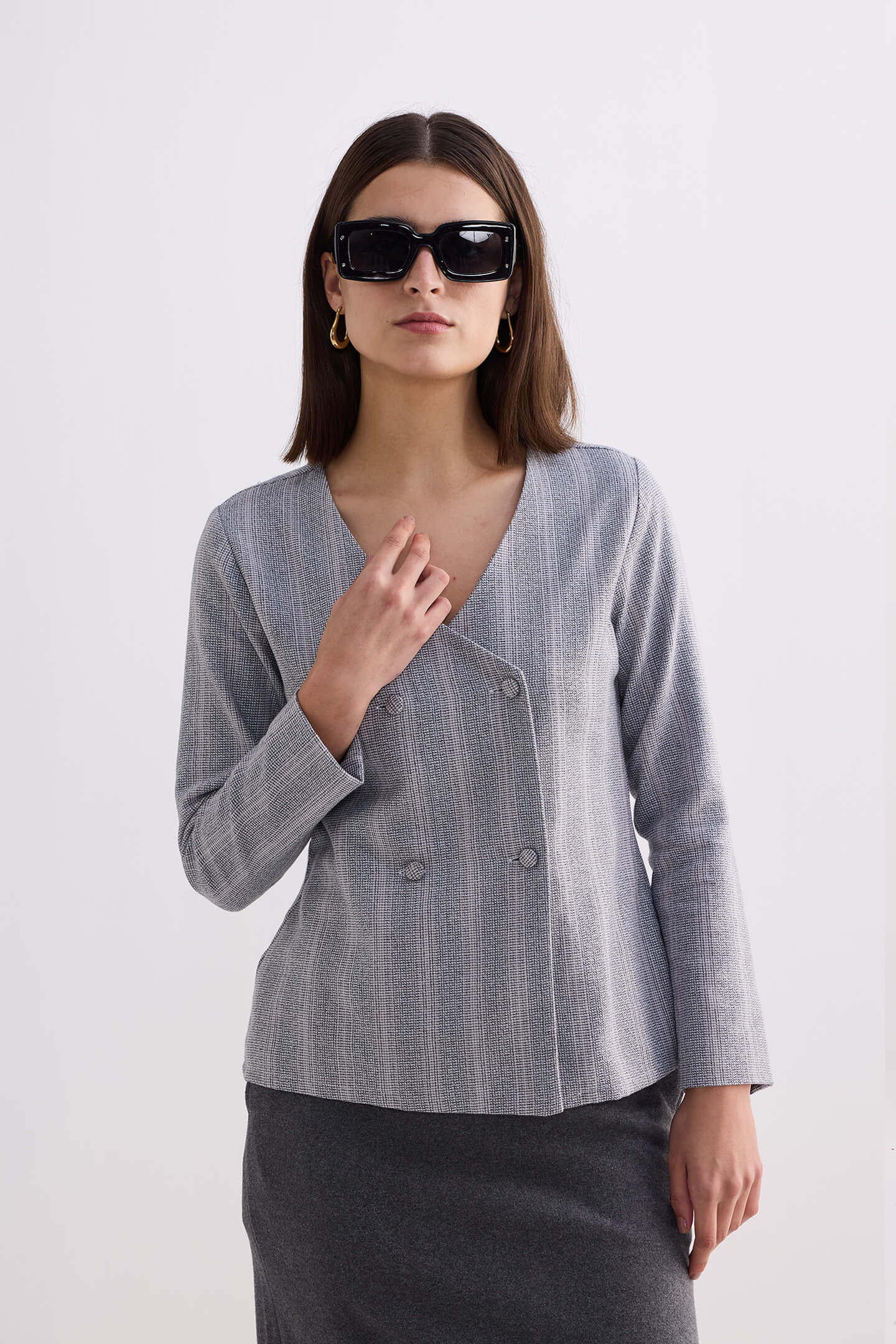 Fitted Cotton Tweed Jacket in Grey Medium Shot