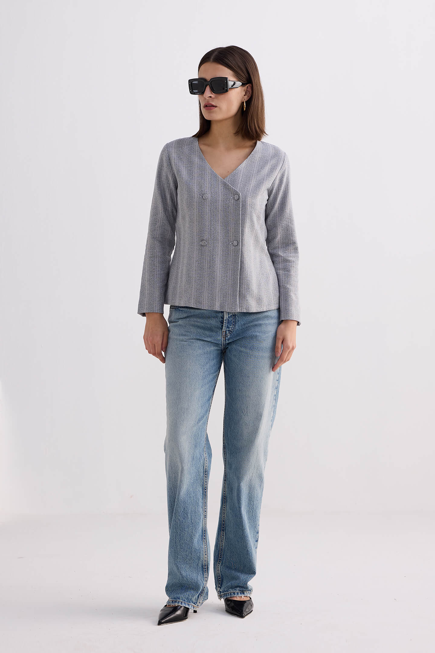 Fitted Cotton Tweed Jacket in Grey Longshot