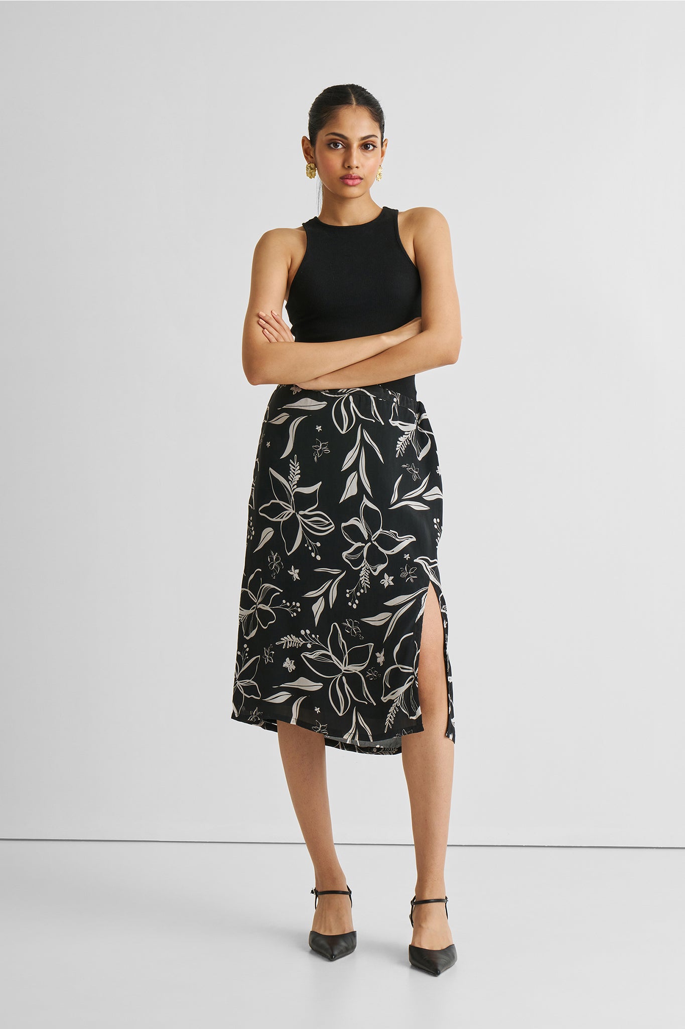 Floral Skirt with Front Slit