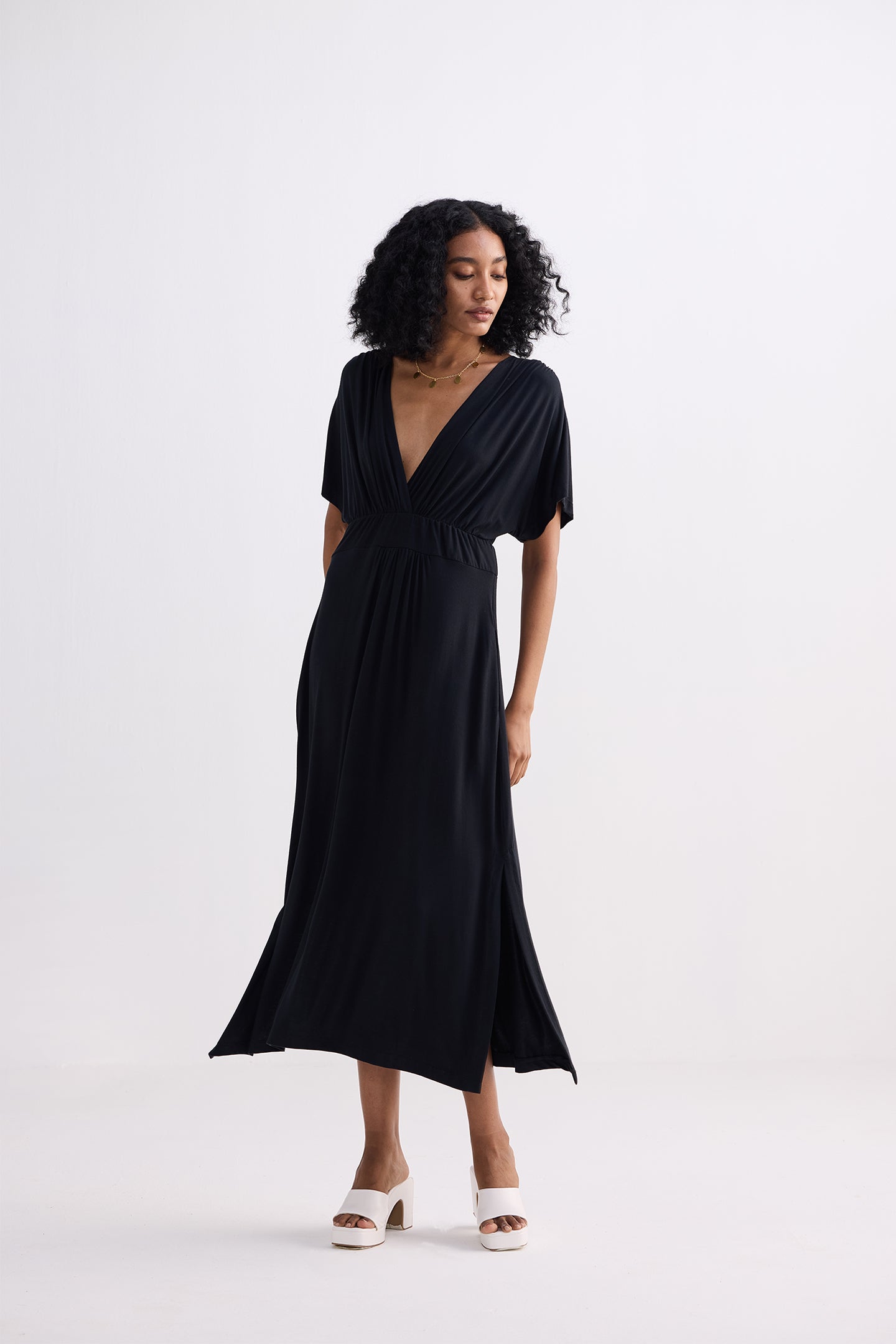 Flowy A-Line Maxi Dress with Side Slits in Black Longshot