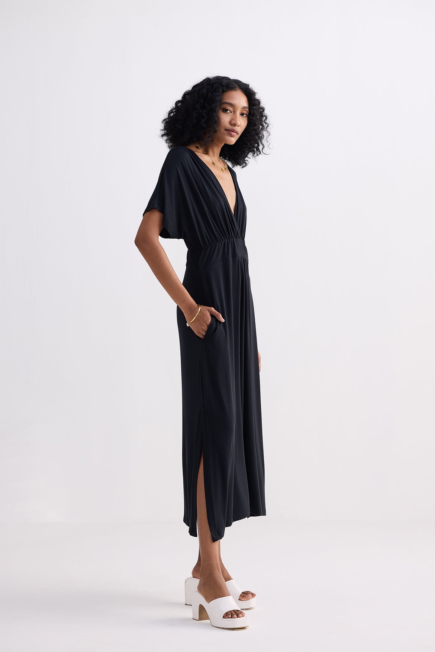 Flowy A-Line Maxi Dress with Side Slits in Black Longshot