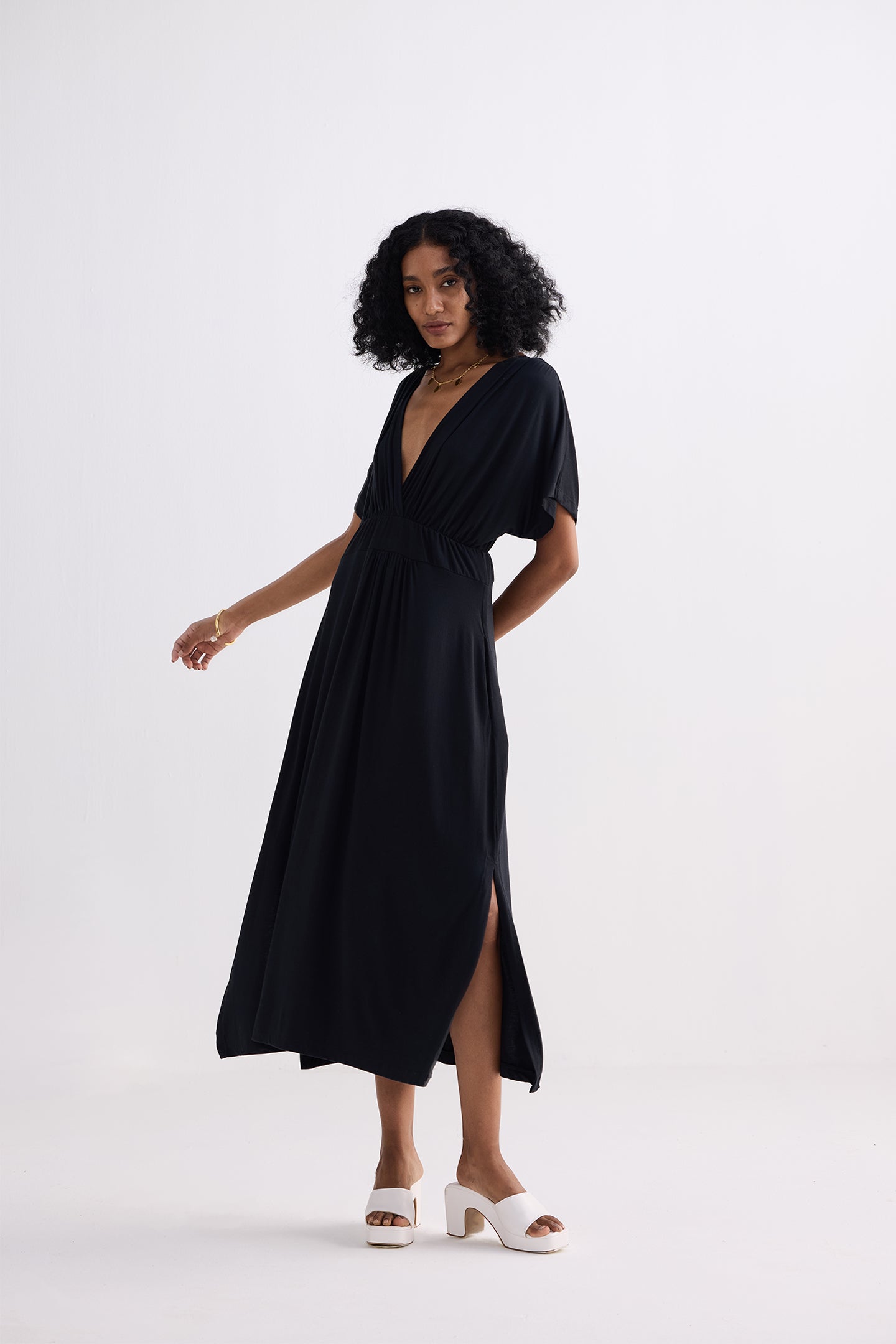 Flowy A-Line Maxi Dress with Side Slits in Black Longshot