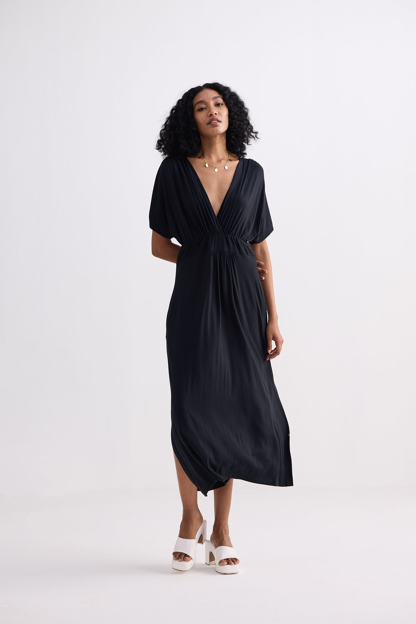 Flowy A-Line Maxi Dress with Side Slits in Black Longshot