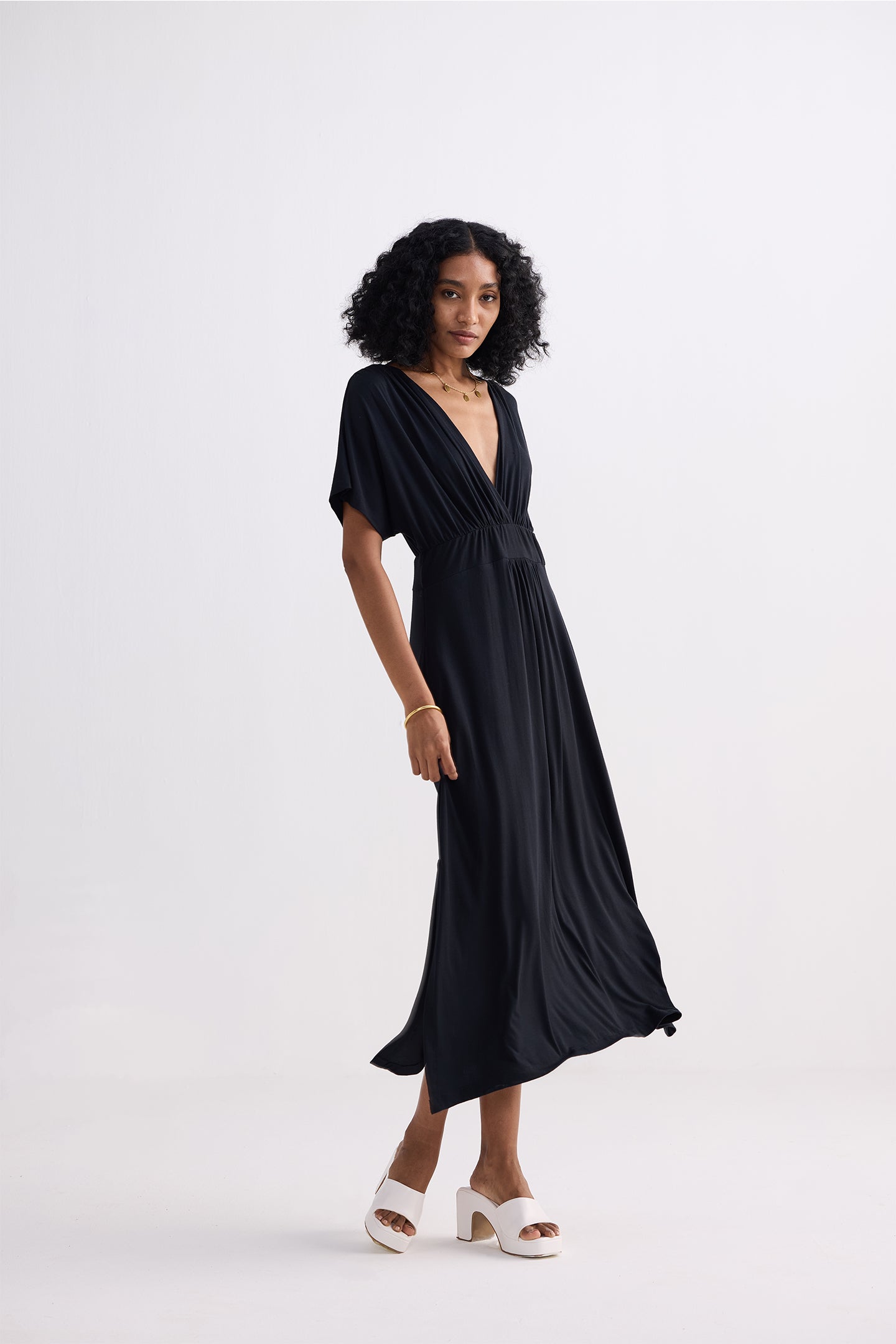 Flowy A-Line Maxi Dress with Side Slits in Black Longshot