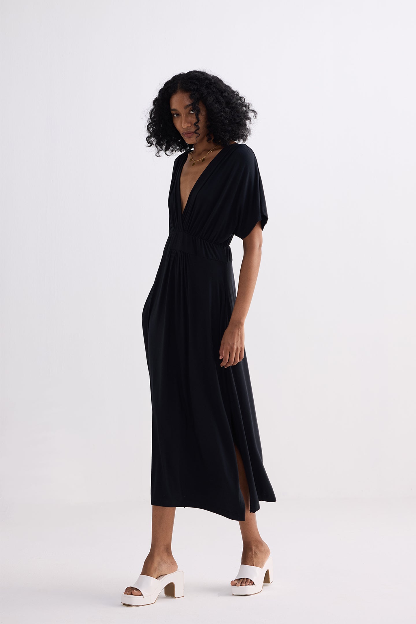 Flowy A-Line Maxi Dress with Side Slits in Black Longshot