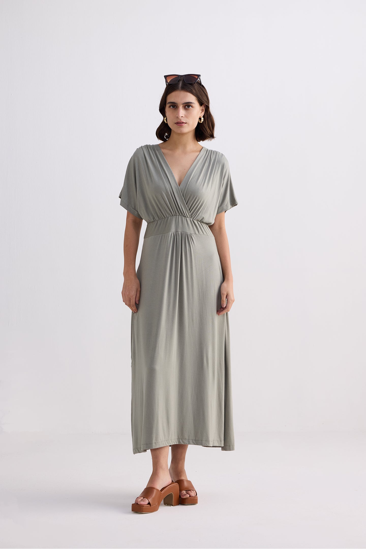 Flowy A-Line Maxi Dress with Side Slits in Light Olive Longshot