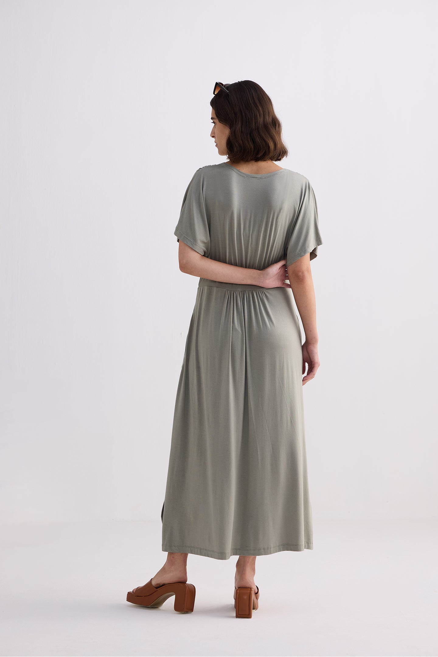 Flowy A-Line Maxi Dress with Side Slits in Light Olive Longshot