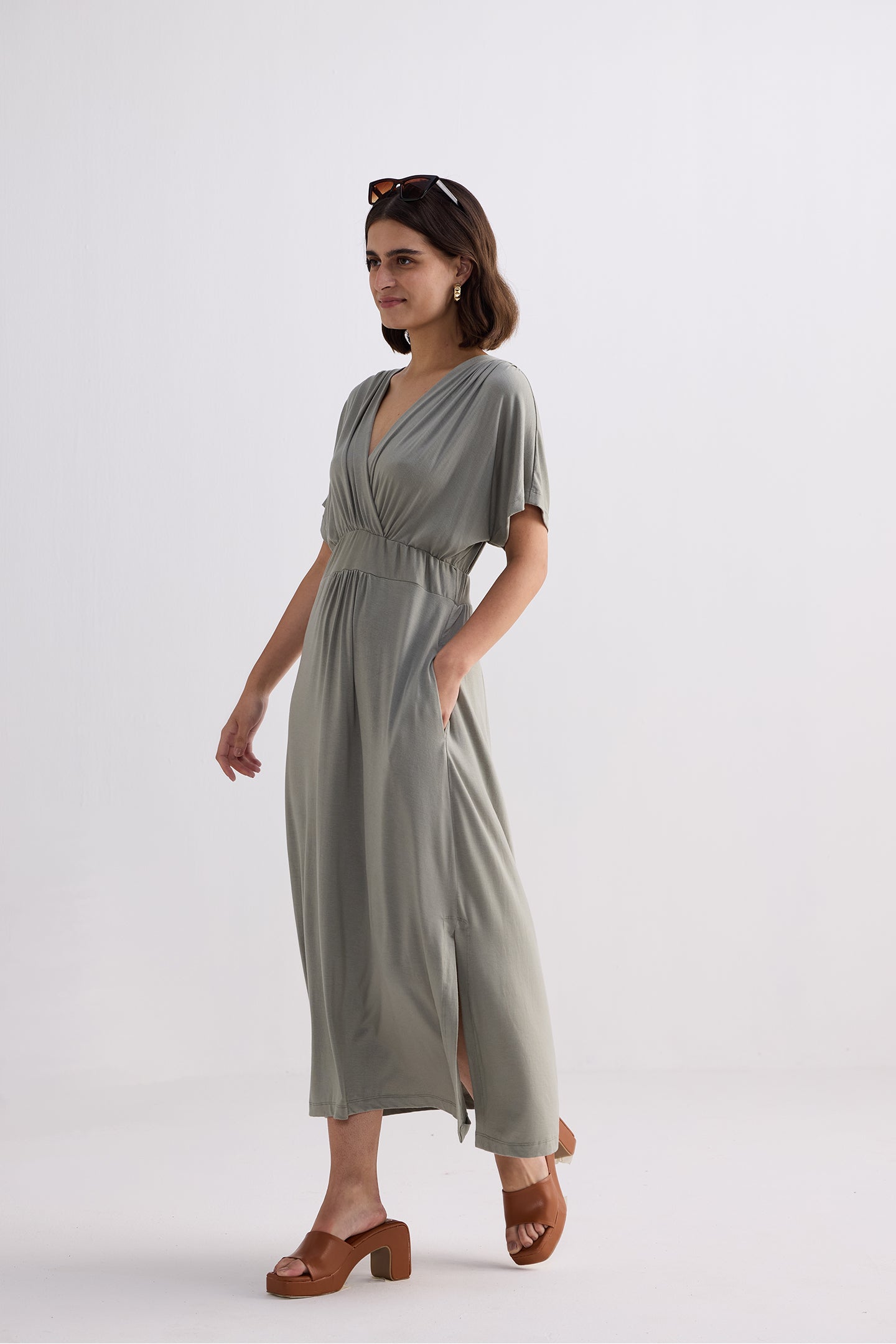 Flowy A-Line Maxi Dress with Side Slits in Light Olive Longshot