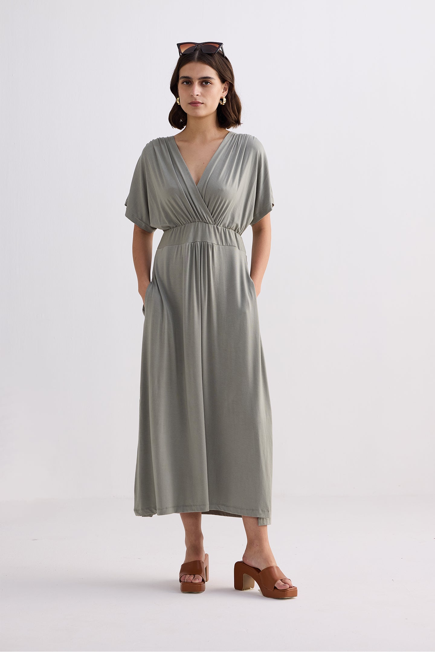 Flowy A-Line Maxi Dress with Side Slits in Light Olive Longshot