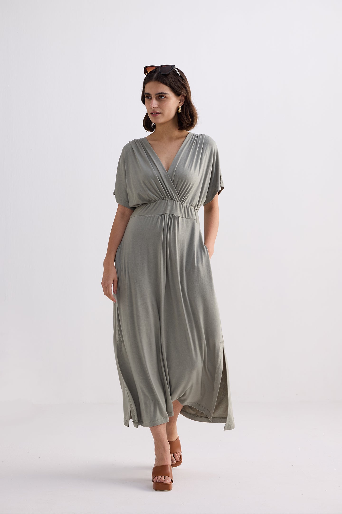 Flowy A-Line Maxi Dress with Side Slits in Light Olive Longshot