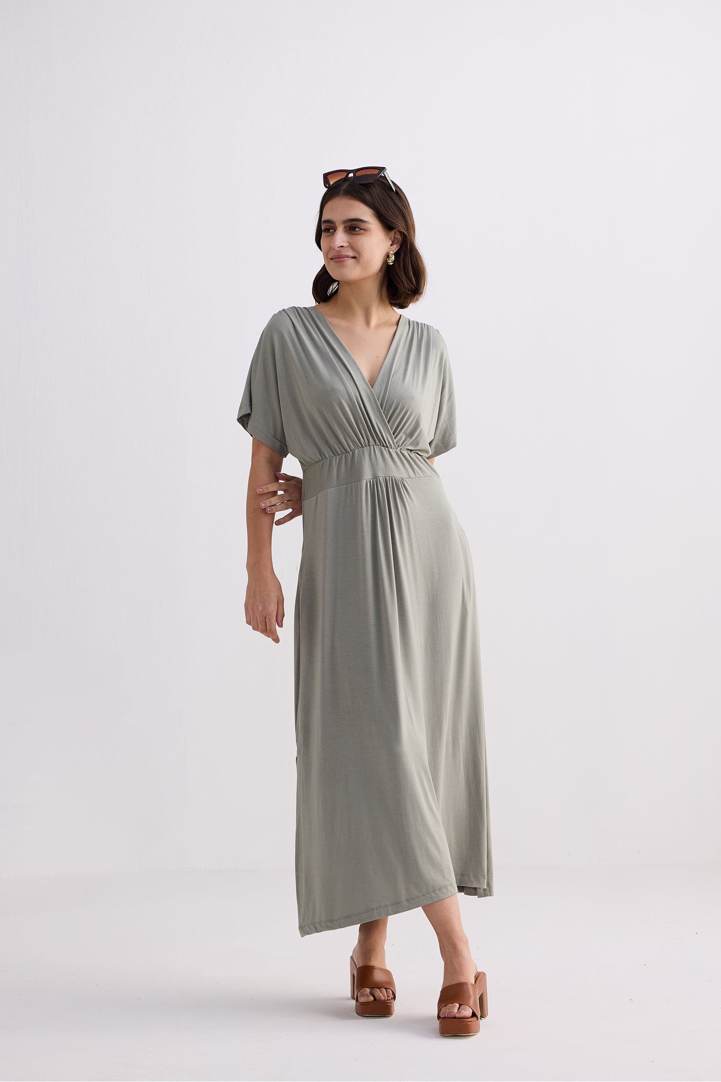 Flowy A-Line Maxi Dress with Side Slits in Light Olive Longshot